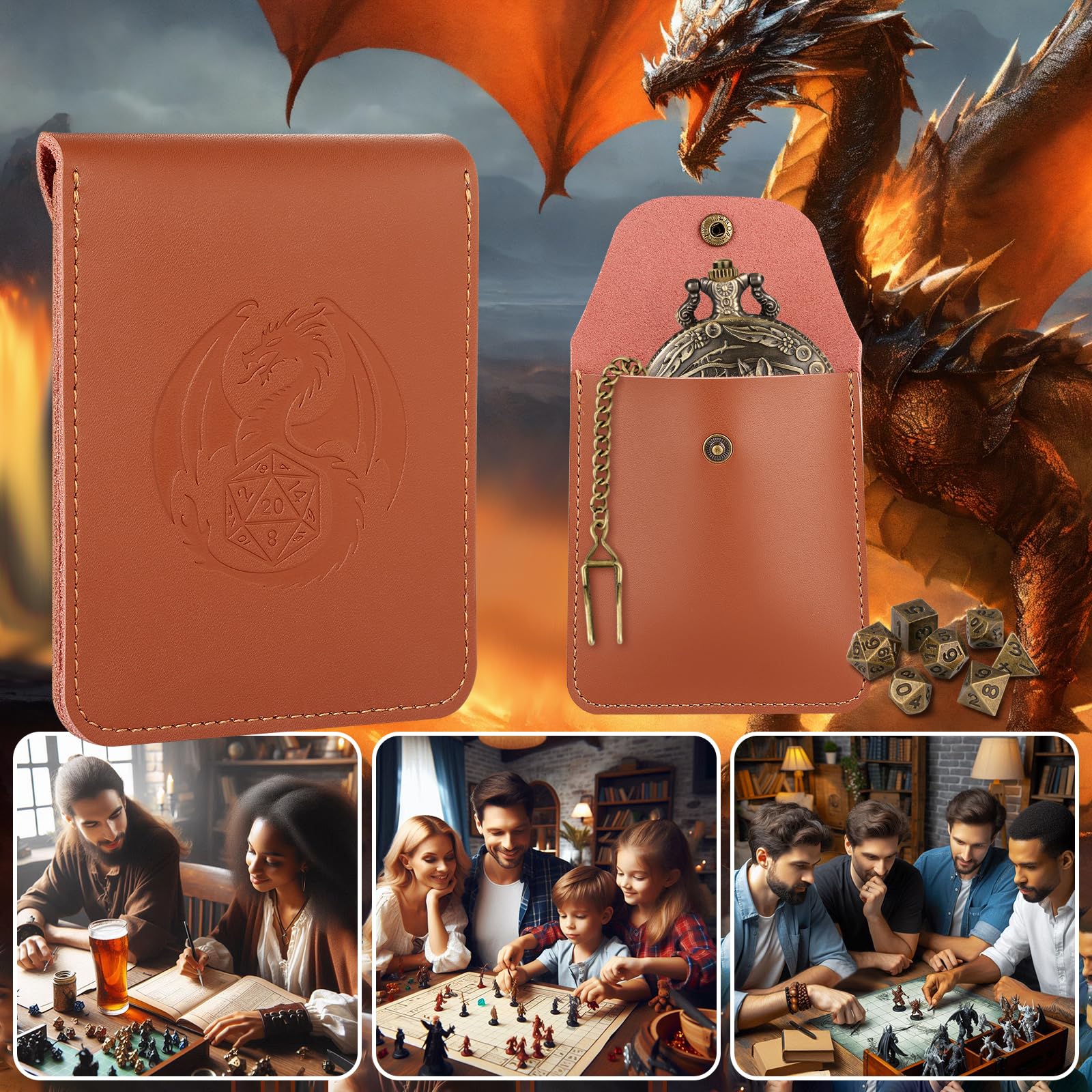 Mini DND Dice Set including Bronze Steampunk Wolf Pocket Watch Shell Case, DND Gifts with Dice Bag - Image 4