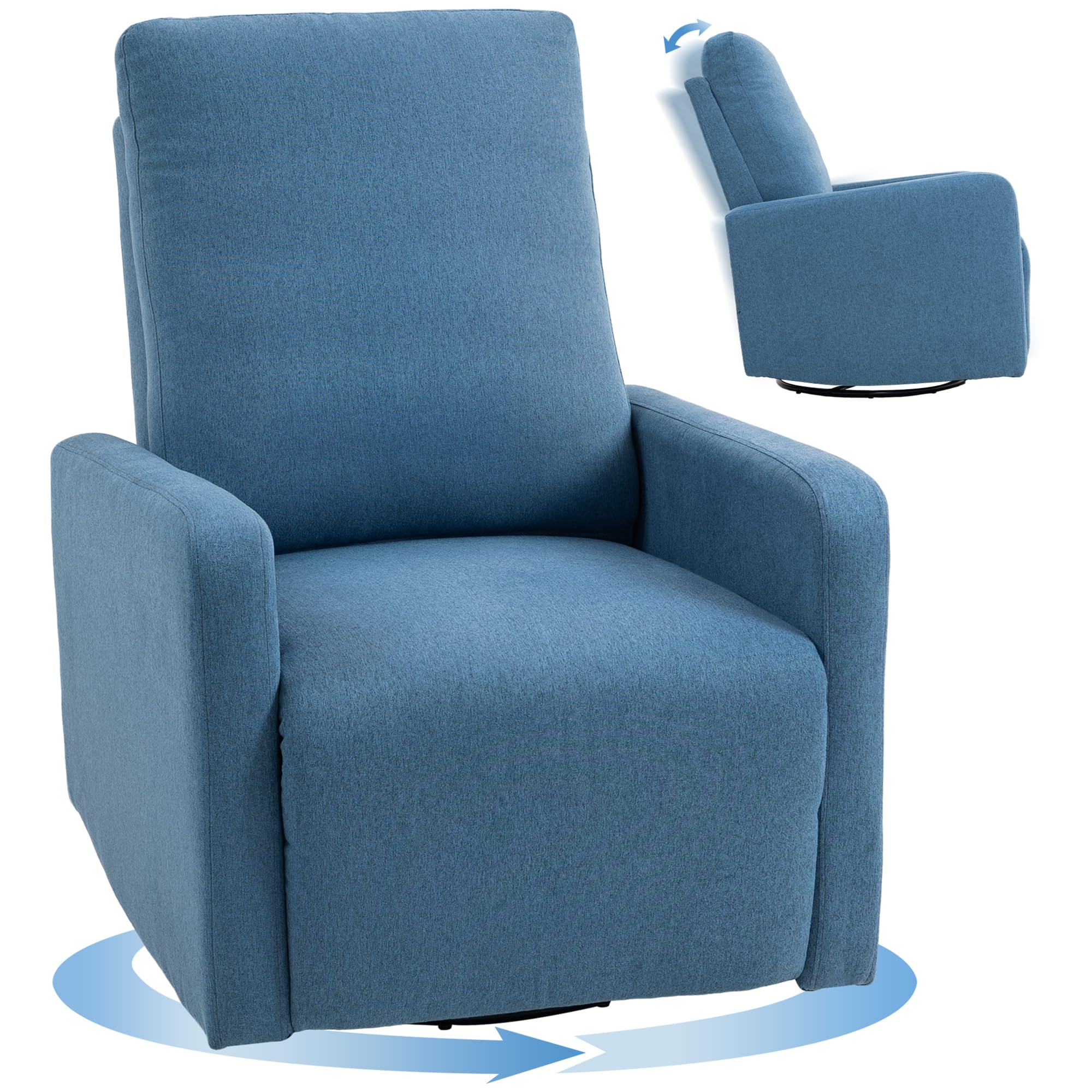 HOMCOM Poltrona Relax Reclinabile Manuale con Poggiapiedi, Seduta Ampia, Poltroncina Imbottita Girevole con Funzione Dondolo, in Tessuto Effetto Lino per Soggiorno e Salotto, 76x94x100 cm, Blu