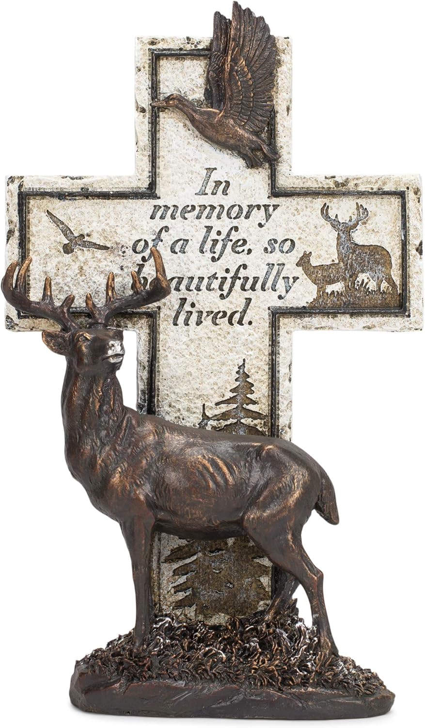 Napco Deer Cross 12.5 Inch Polyresin Sentimental Memorial Plaque, Bronze Tone and Ivory