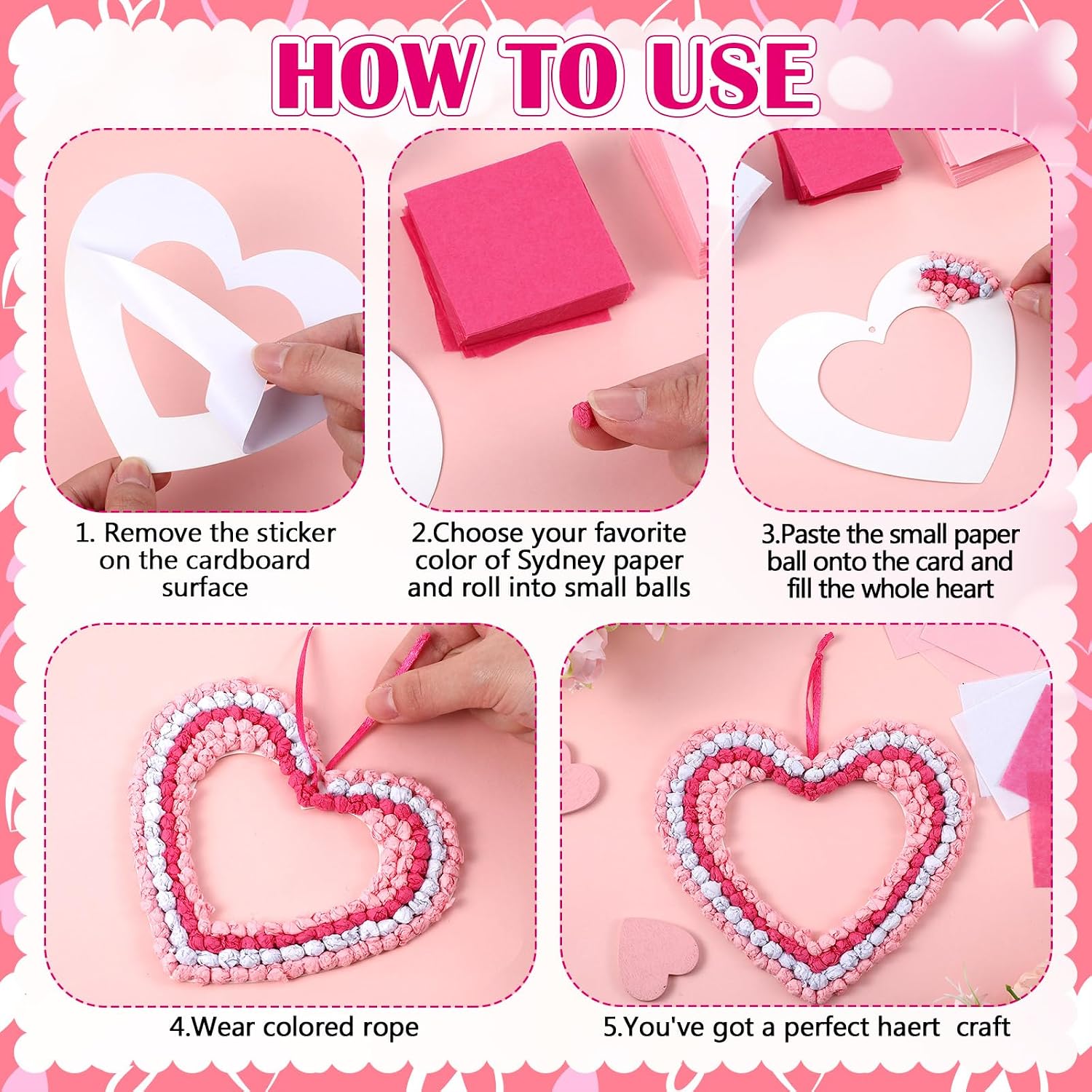 Jetec 24 Sets Mothers Day Gift Heart Paper Craft Kits Galentines Hanging Ornaments Craft Kit with Pom Poms Tissue Wreath DIY for Home Party Favors(Paper,Beads, Balls)