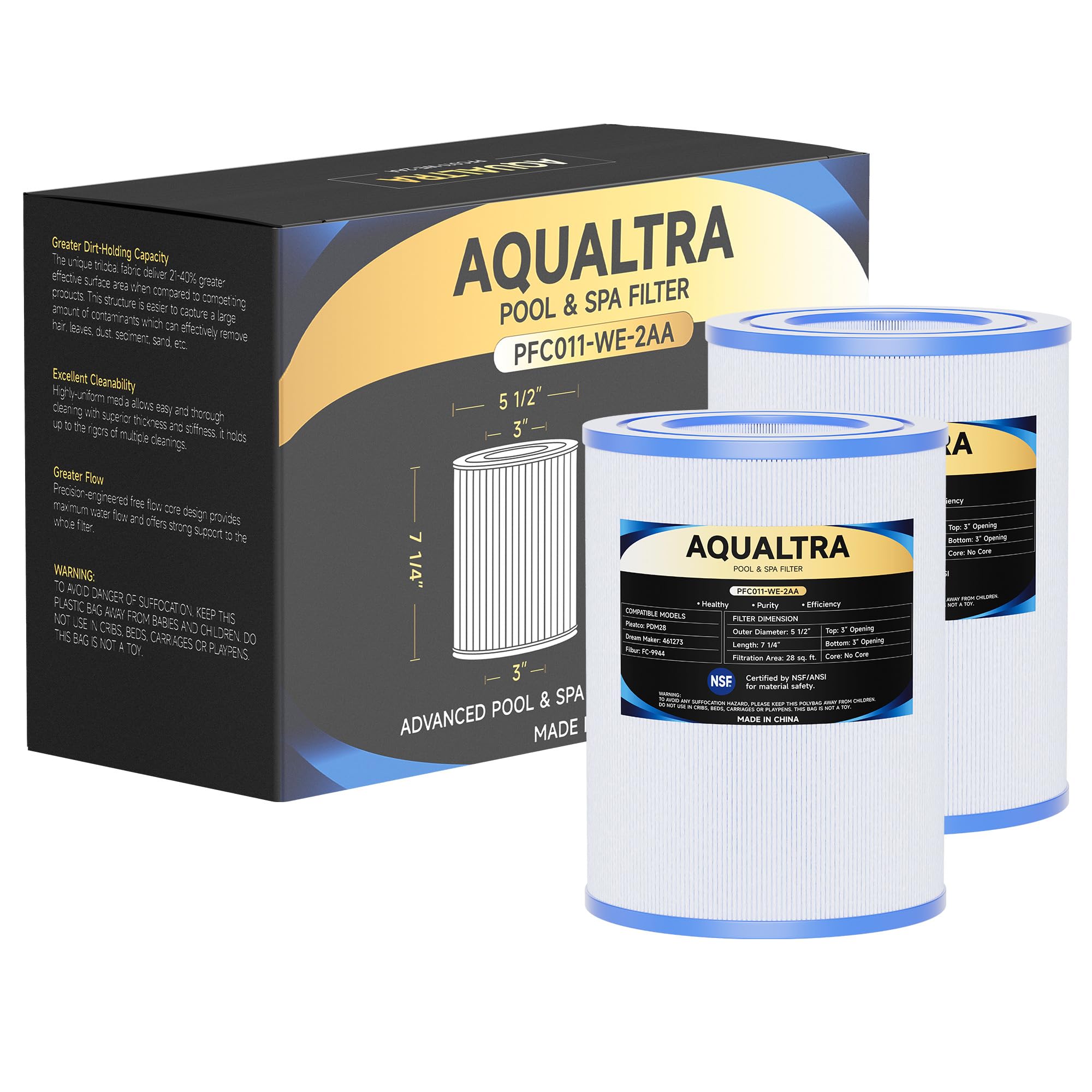 AQUALTRASpa Filter Replacement for PDM28, Compatible with Dream Maker 461273, FC9944, FC-9944 Cartridges, SD-01392, 28 sq.ft. 5 1/2" x 7 1/4" Drop in Hot Tub Filter 2 Pack