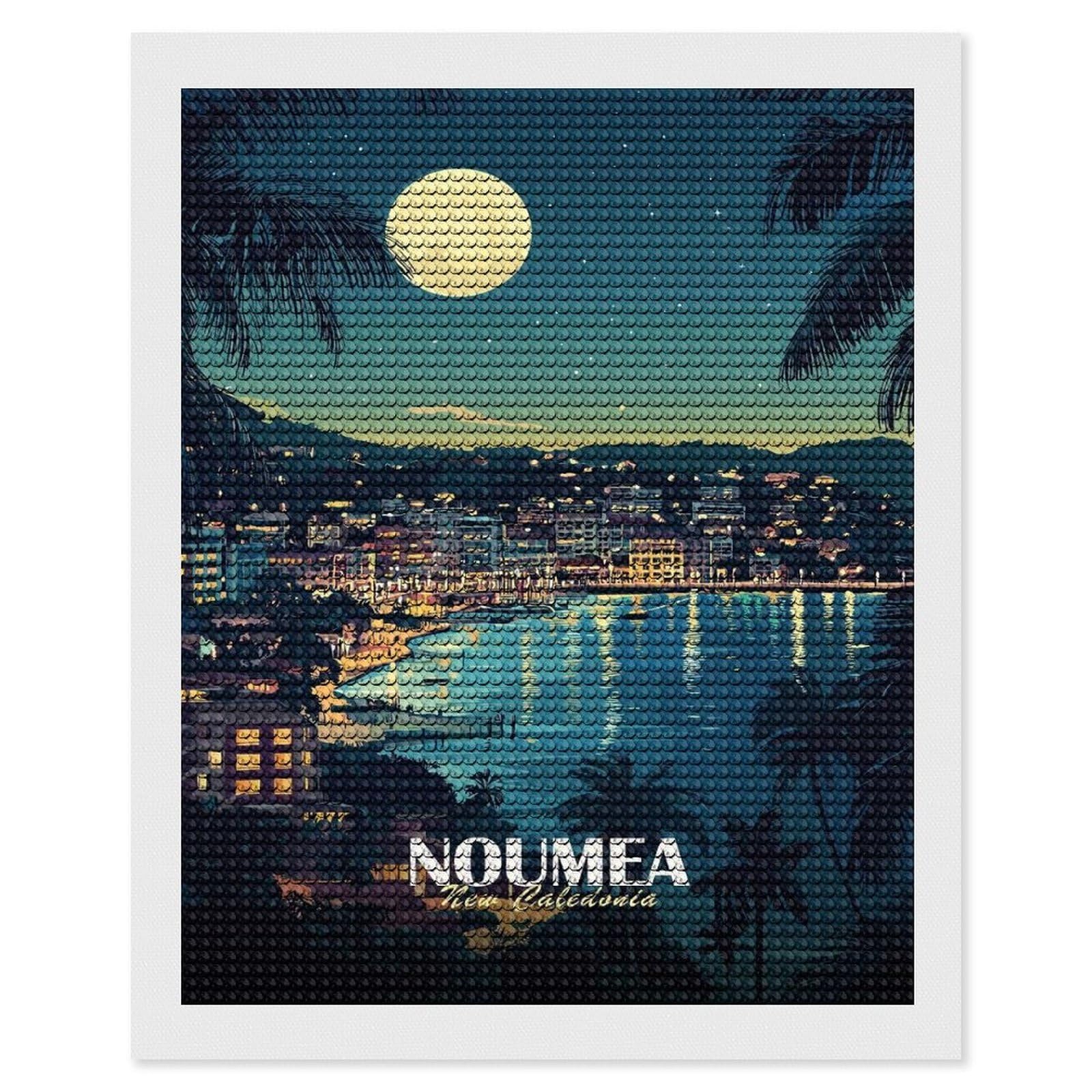 Junmoney Noumea, New Caledonia Nightscape Illustration Diamond Painting Set 16"x20", for Adults, Decorate Your Room, Thoughtful Handmade Gift, Boho Decor, with Tool Kit