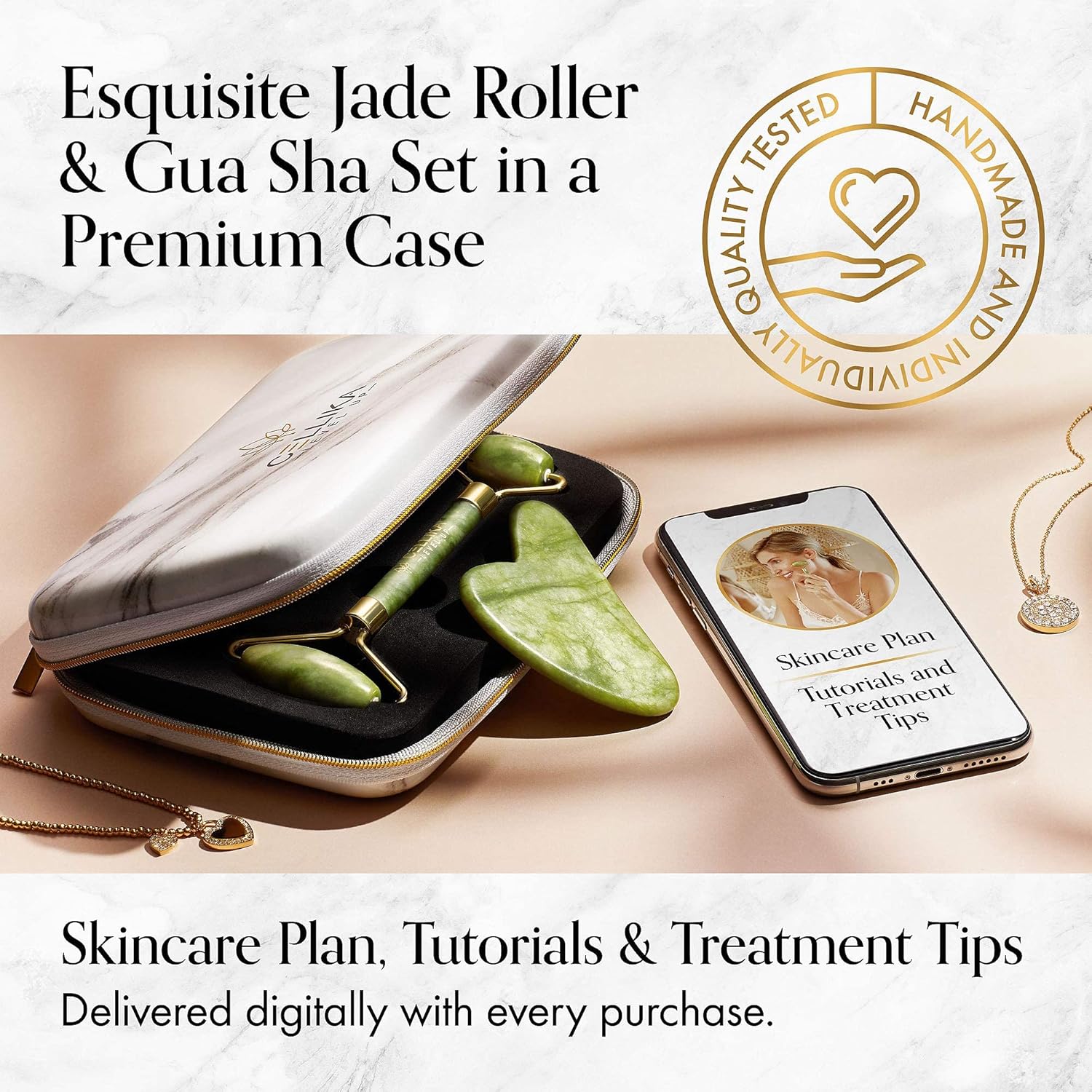 Xiuyan Jade Roller and Gua Sha Set with Shockproof Travel Case - Face Roller Skin Care Tool, Cellika Real Jade Roller for Face, Eyes, Neck & Body - Facial Roller Tutorial & Skincare Plan Included : Beauty & Personal Care
