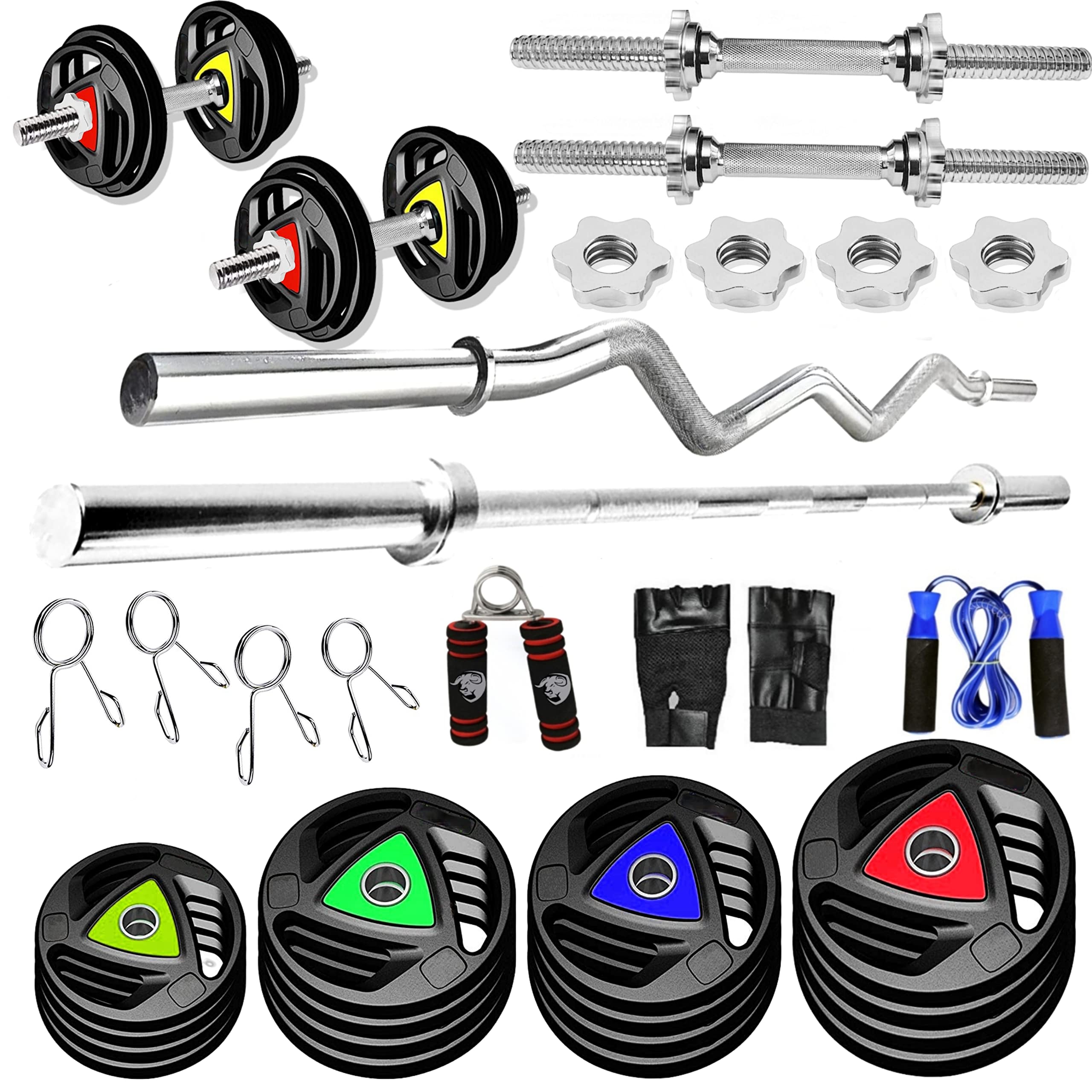 BULLAR Professional Adjustable Rubber Coated 10kg to 100kg Home Gym Set with 5 ft Straight, 3 ft EZ Curl Rod, Metal Rubber Weight Plates (28mm Hole) (15KG HOME GYM SET)