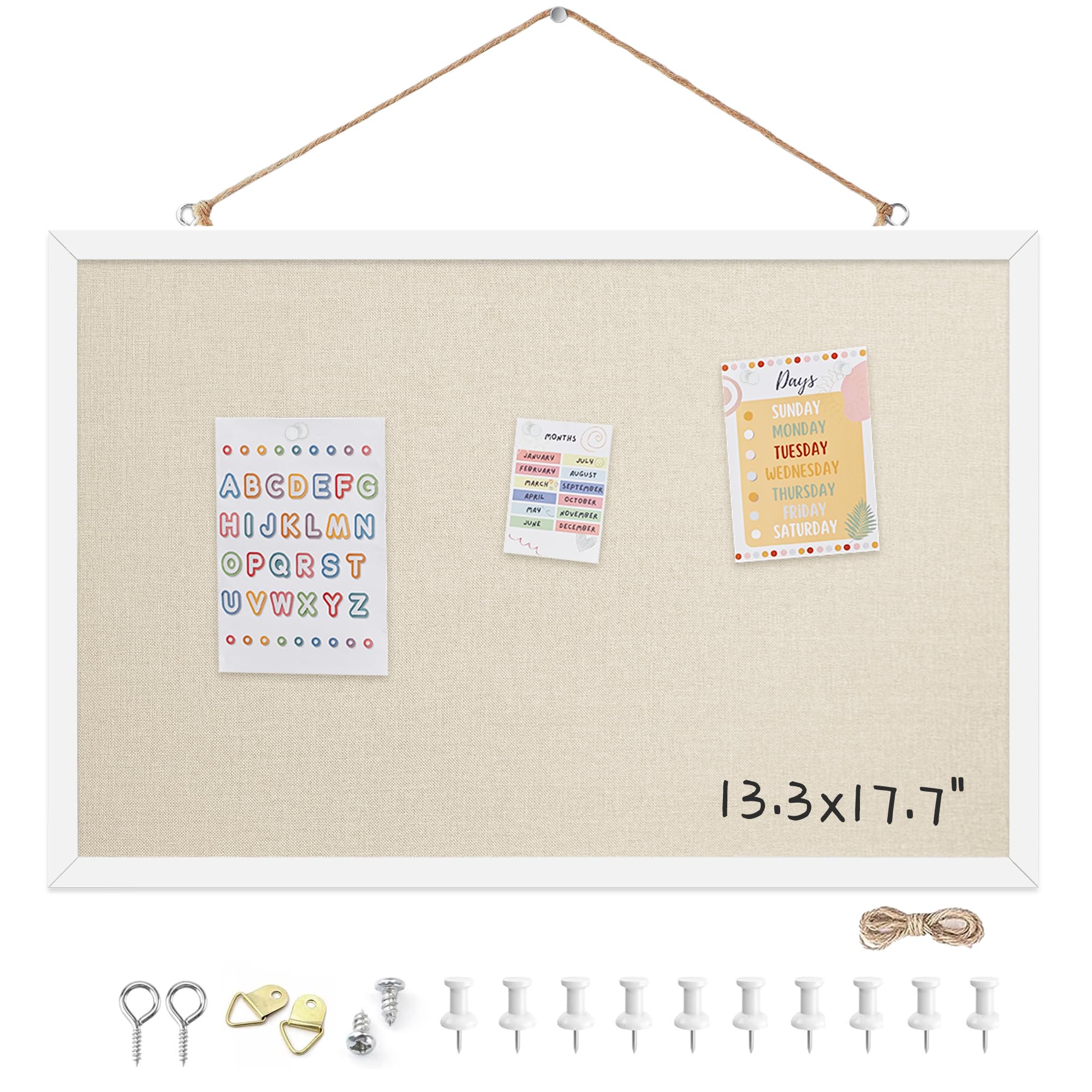13.3"x17.7" White Framed Natural Wood Tone Bulletin Board, Pin Board
