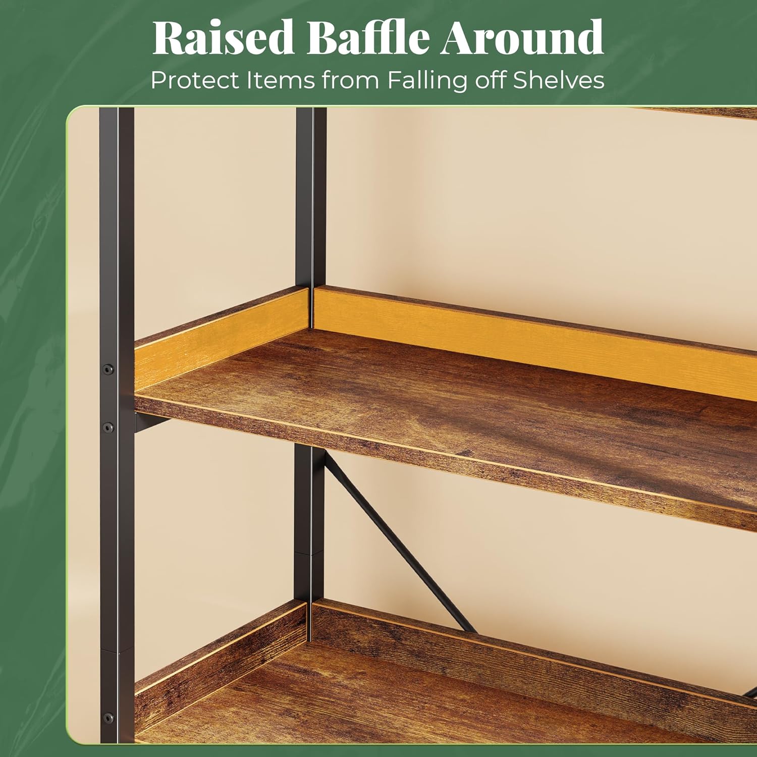 Satu jarak dekat view of a bookshelf shelf with a raised baffle, designed to protect items from falling off.