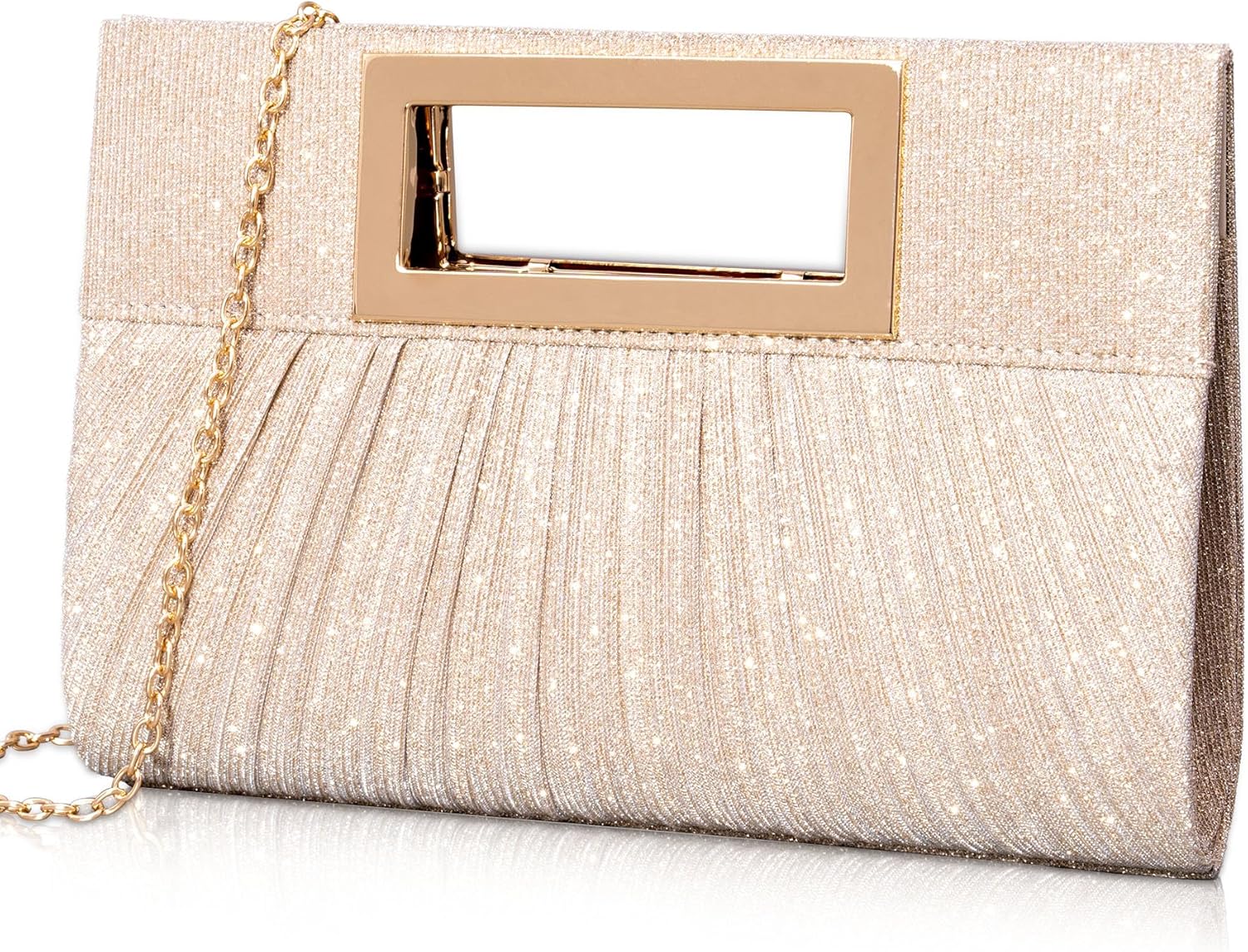 Larcenciel Champagne Clutch Purses for Women, Top Handle Pleated Evening Bag with Chain Strap, Sequin Handbag Sparkly Crossbody Shoulder Bag for Bride Wedding, Prom, Party, Cocktail, 9.5×6.7×1.6inch