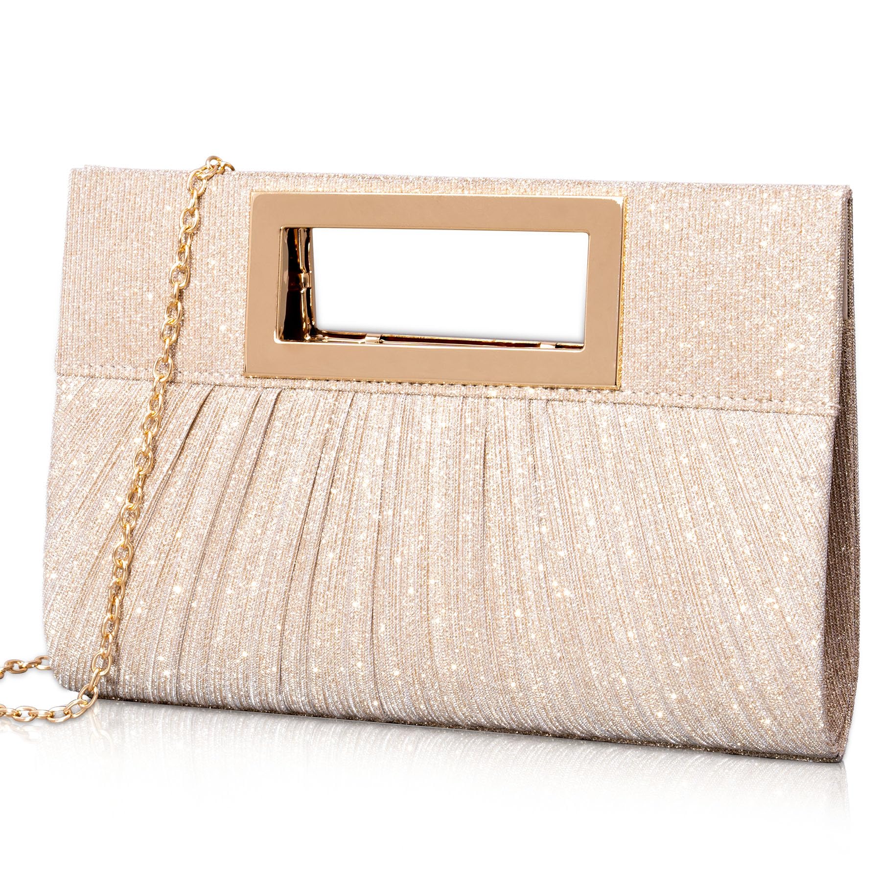 Larcenciel Bolso Clutch Mujer Champán, Bolsos de Fiesta de Plisado con Asa Superior y Cadena, Mujer Bandolera de Moda con Lentejuelas, Cartera de Mano Elegantes para Fiesta Boda Ceremonia, 24x4x17CM