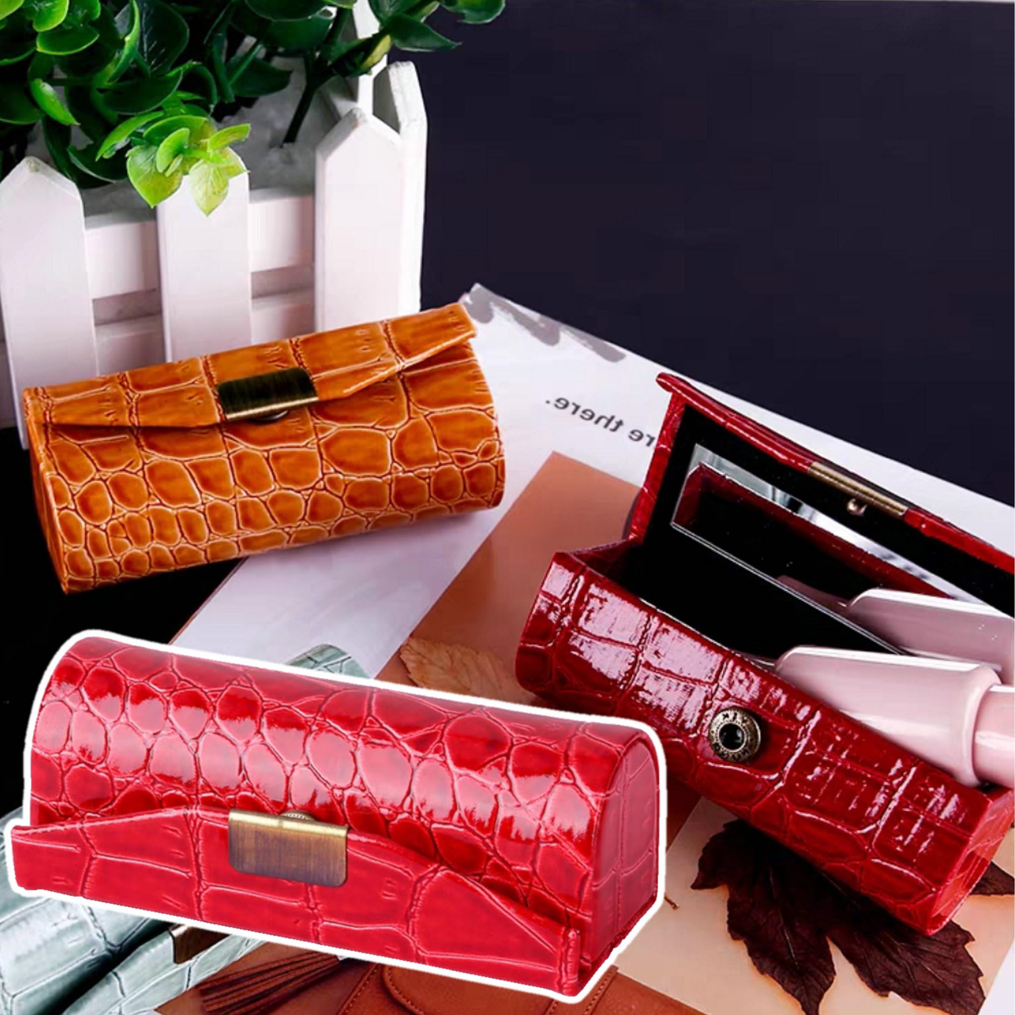FANGHUIER Leather Lipstick Holder Box Jewelry Organiser with Mirror and Button Closure (Wine Red) - Image 4