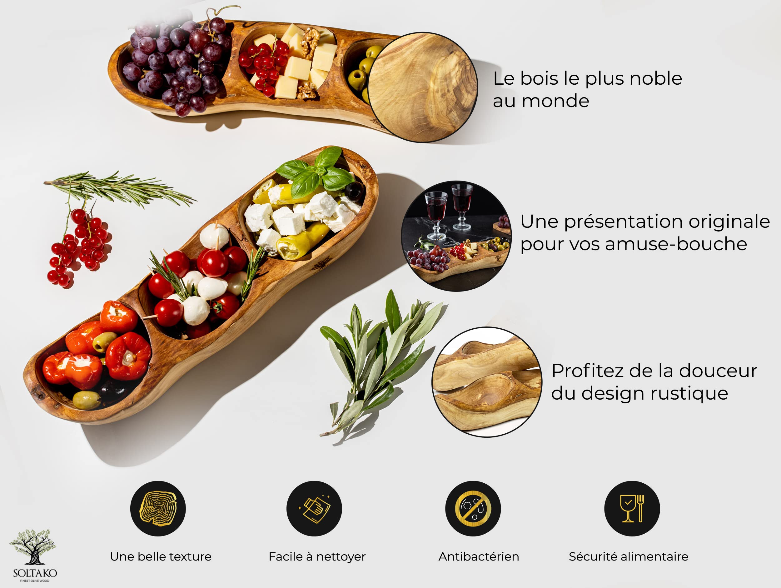 SOLTAKO Assiette Apéritif en Bois d’Olivier - Lot de 2 Plateau Apéro à 3 Compartiments - Plat de Service - Bol en Bois Brut pour Fromages, Sauces, Charcuterie, Noix - Bol à Snack - env. 34x10cm