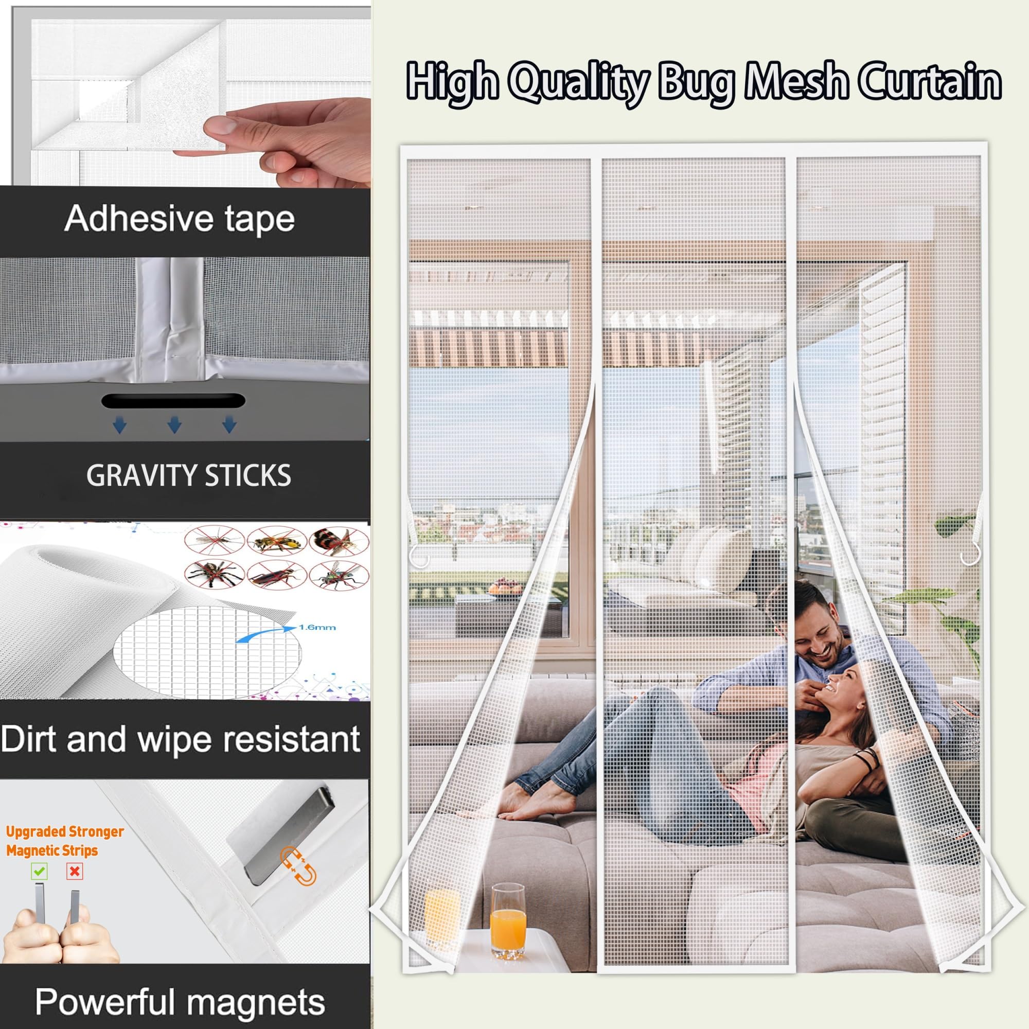 Mosquitera Cortina Doble Puerta, 370x210 cm Magnetica Imantada Exterior Corredera, Antimosquitos con Imanes, Tela Mosquiteras de Ventanas para Puertas del Balcón, Magnético Automático ‎Blanco