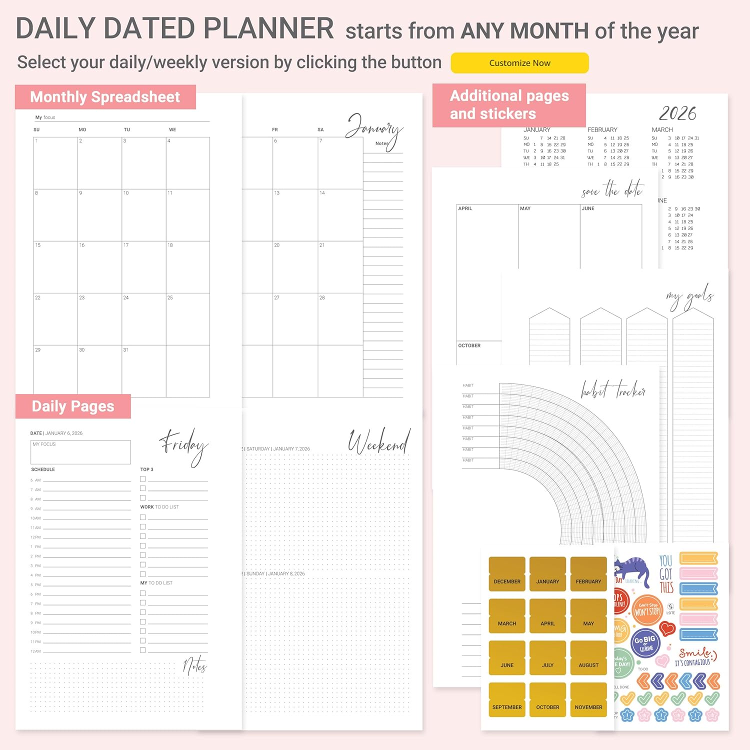 Personalized Dated Daily/Weekly Planner 2025-2026 Refillable 6 Ring Binder, 12 Monthly sheats, Organizer with To Do List, Hourly Schedule (A5 paper size - 5.5x8.5" (14x21cm), Lavender)