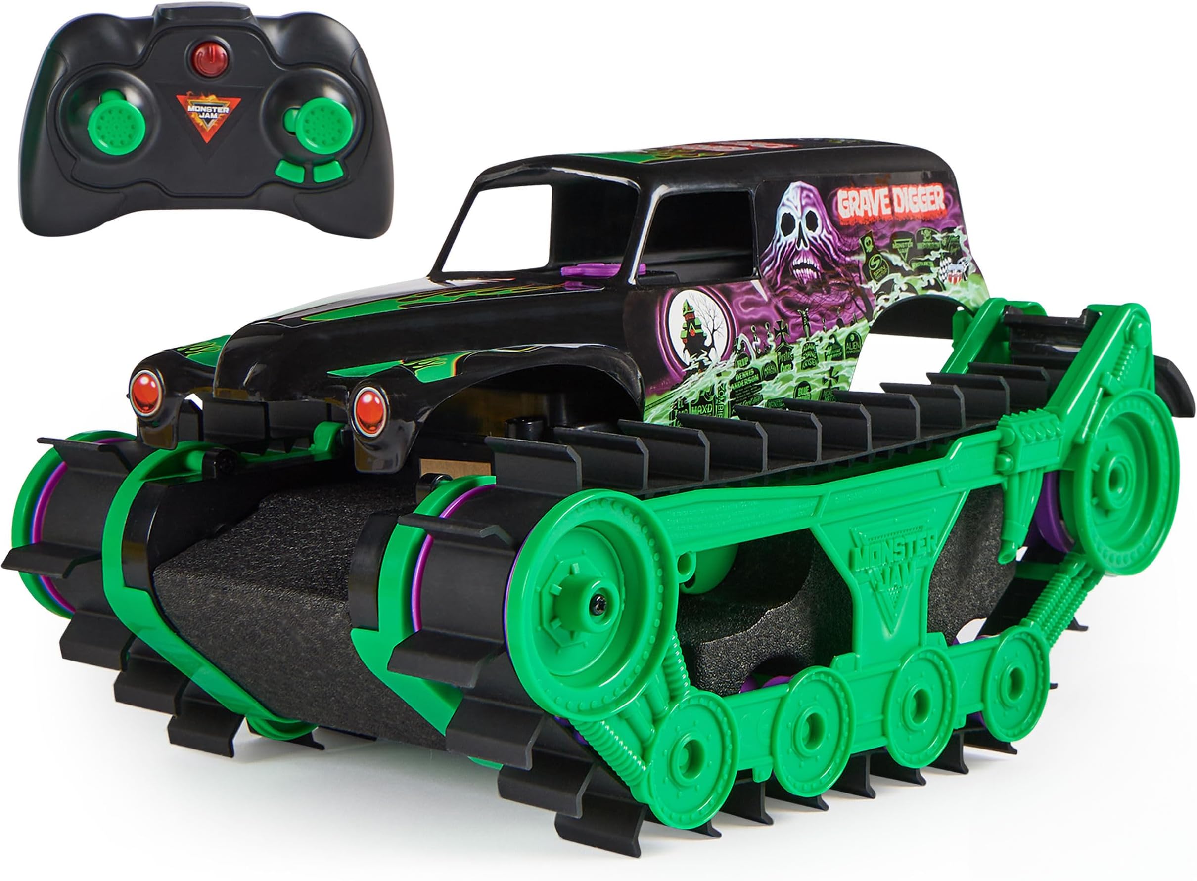 RC Grave Digger Trax | Drives on Dirt, Rocks, Snow, Grass & Water, Perform Wheelies & Donuts, All-Terrain RC Toy Gifts for Kids Ages 4+