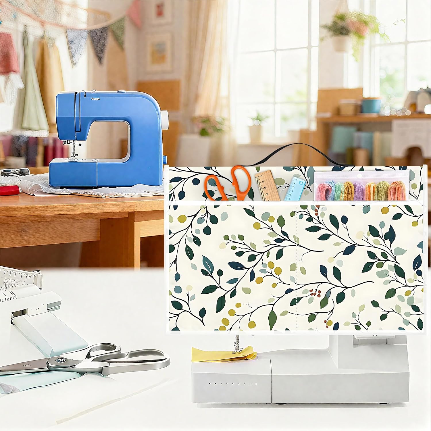 Sewing Machine Dust Cover with Top Handle and Side Sewing Essentials Pockets – Protective Decoration Cover for Standard Sewing Machines