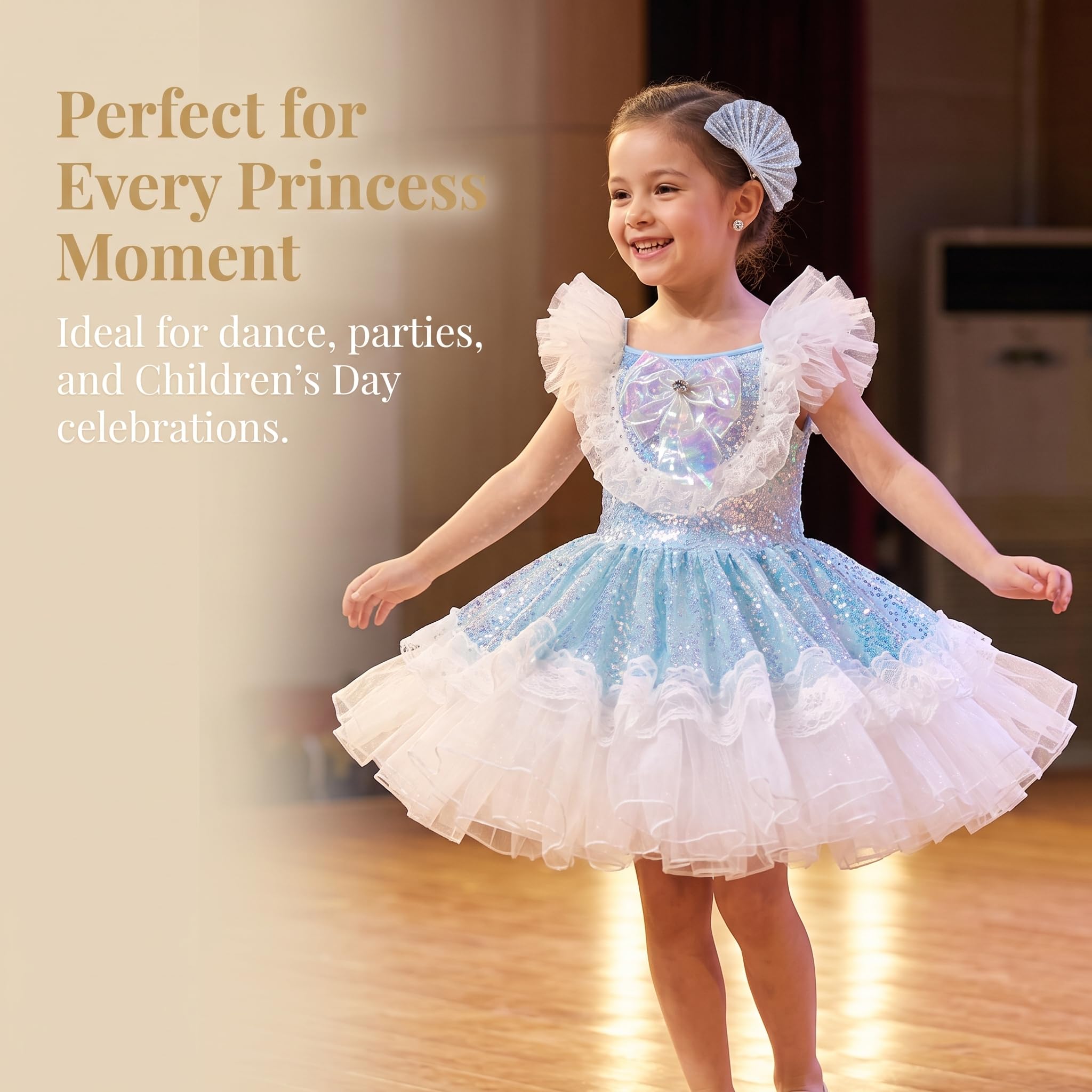 Prinzessin Kleid Kostüm Mädchen Kurzarm mit Pailletten für Tanz & Performance, numeric_height_130, regular, as3, numeric_height_130, numeric_height