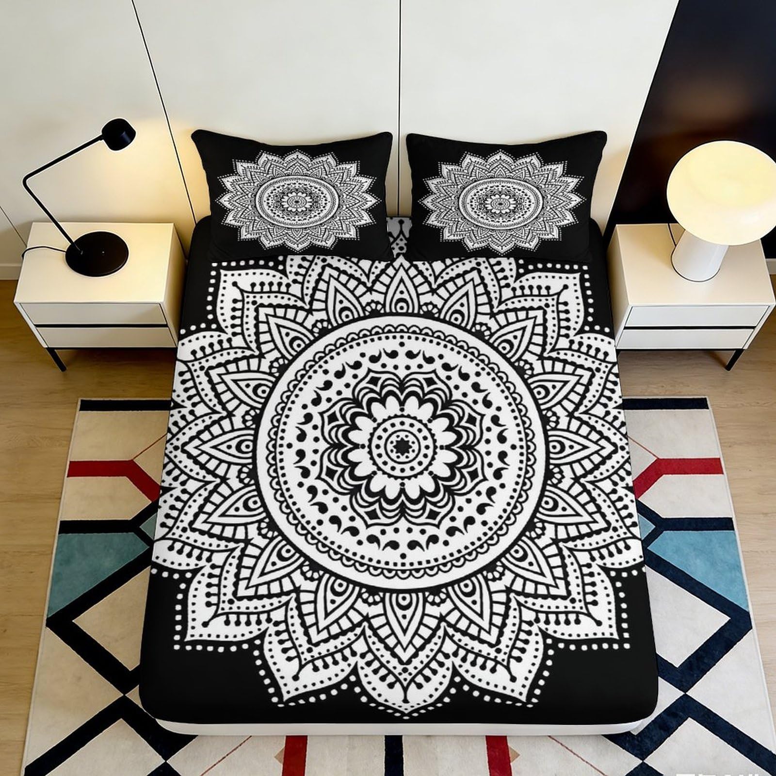 3D Printed Mandala Fitted Sheet Microfiber Soft Black White Lotus Bed Cover for Bedroom Guest Room Decor Easy Care 90x200x25cm
