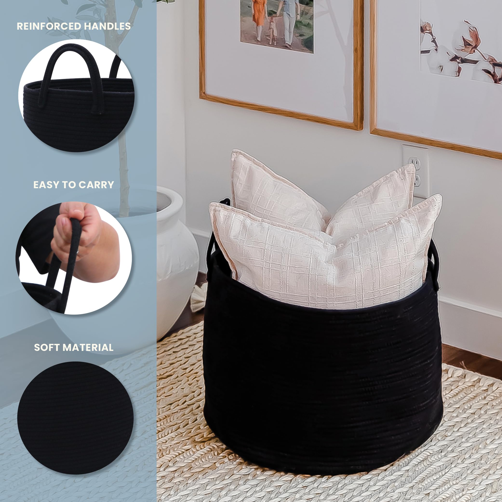 OrganiHaus Cesto Lavanderia XL 50x33cm Nero – Organizer in Corda di Cotone per Indumenti Usati, Coperte, Giochi Cane e Asciugamani