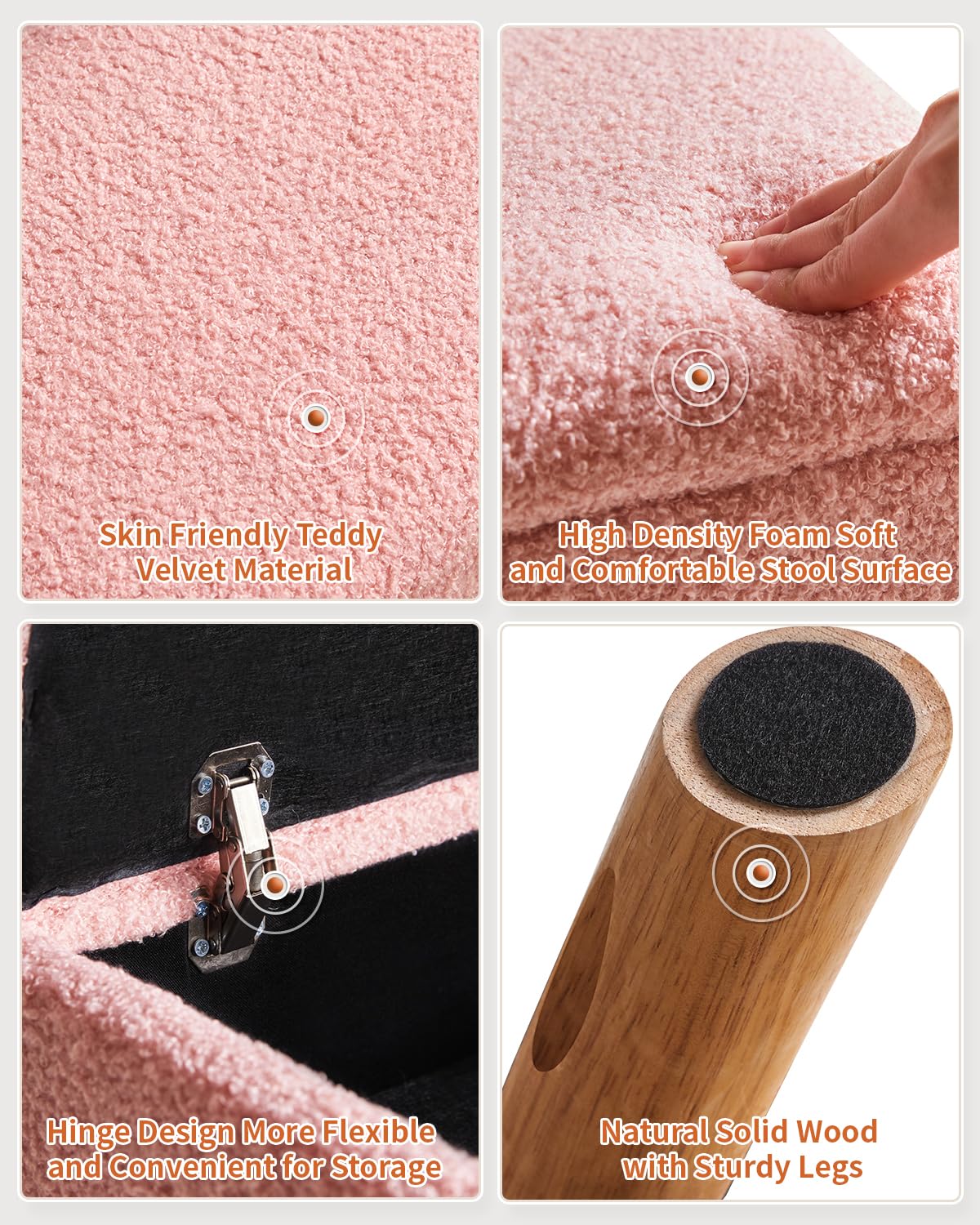 YMYNY Ottomane mit Stauraum, Fußhocker, Kleiner Fußhocker mit Stabilen Holzbeinen Hocker, Fußstütze mit Gepolstertem Sitz, für Wohnzimmer Schlafzimmer Eingänge 40 ×30 ×28CM Rosa HBD042P