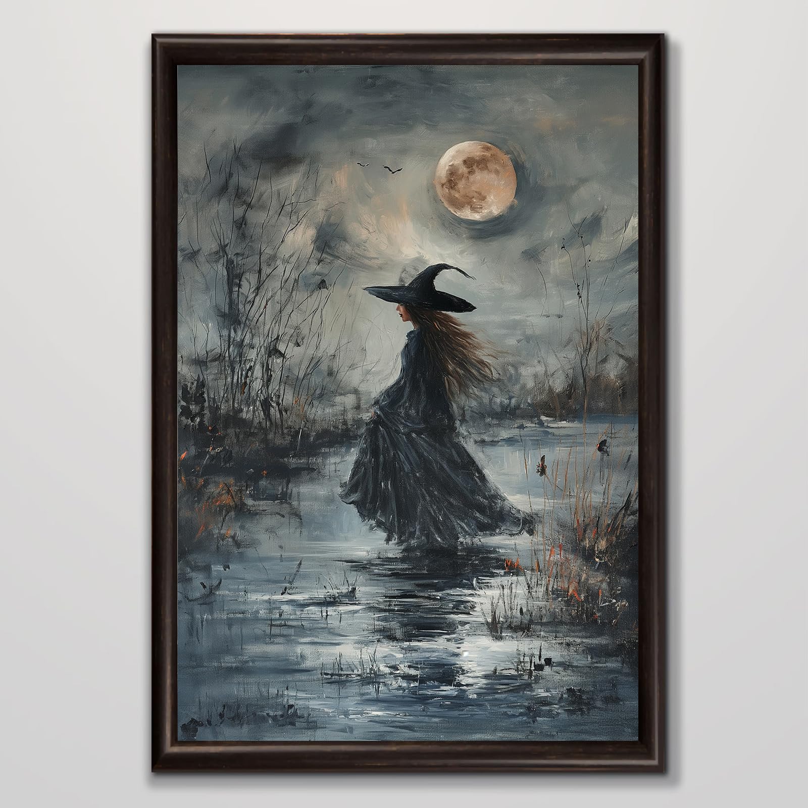 Framed Halloween Witch Canvas Wall Art - Set Of 3 Vintage Gothic Prints, 12x16 Inch