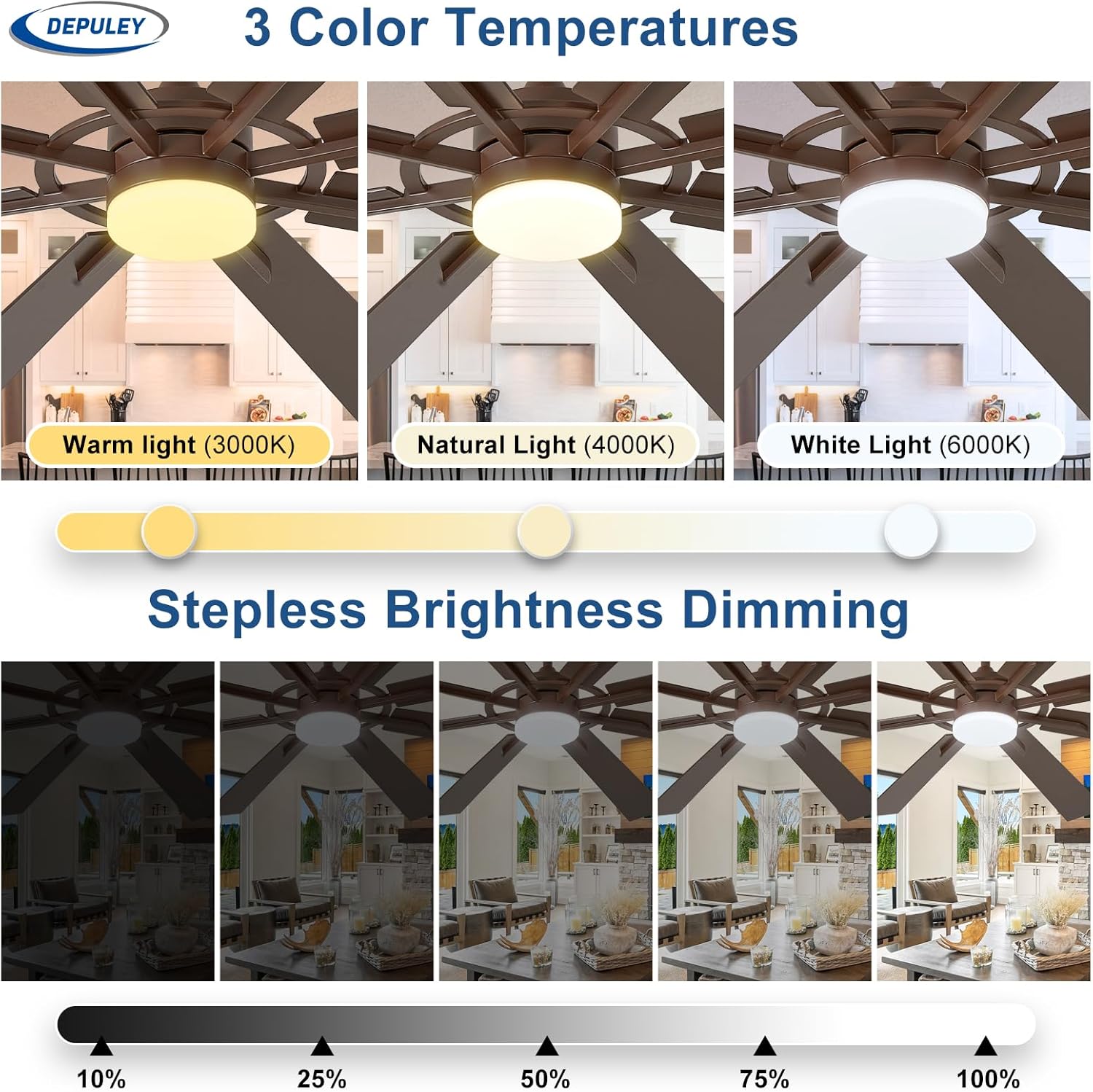 Depuley 72-Inch Ceiling Fan with Light: Modern 8-Blade Brown and Wood Grain Indoor Outdoor Fans with Remote App Control Dimmable Light - Ultra Quiet DC Motor Reversible 6 Speed Timer