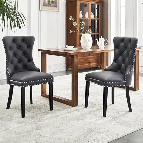 Miniatura 101 de Kiztir Juego de 2 sillas de comedor de terciopelo, sillas de comedor tapizadas con ribete de anillo y respaldo con botón, silla de comedor copetuda