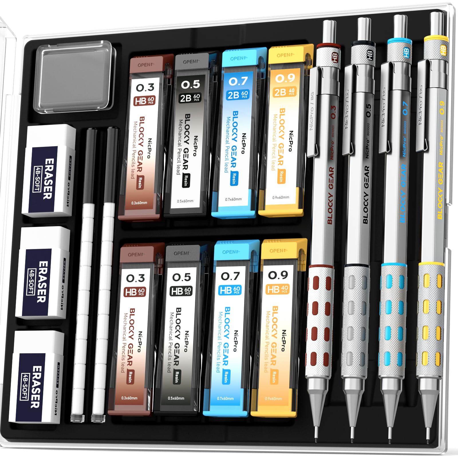 Nicpro 4 Pack Blocky Gear 0.3, 0.5, 0.7, 0.9 mm Metal Mechanical Pencils Set with Case, Lead Drafting Pencil with 8 Tube Lead Refills(HB 2B), Erasers,