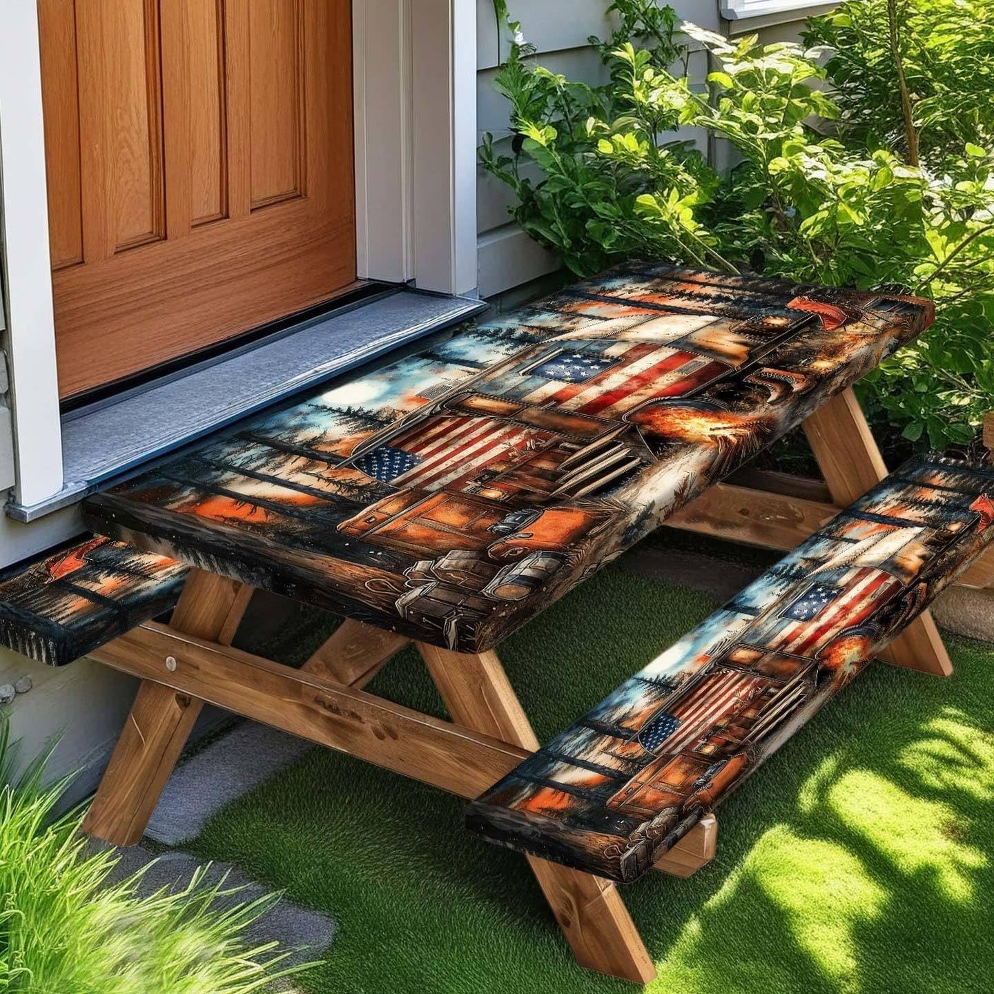 American Flag Picnic Table Cover with Table Cover, Elastic Tablecloth for Outdoor Picnic Tables, RV Camping Forest Design, Tablecloth for Camping, Barbecue and Terrace Dining, 30x96 Inch