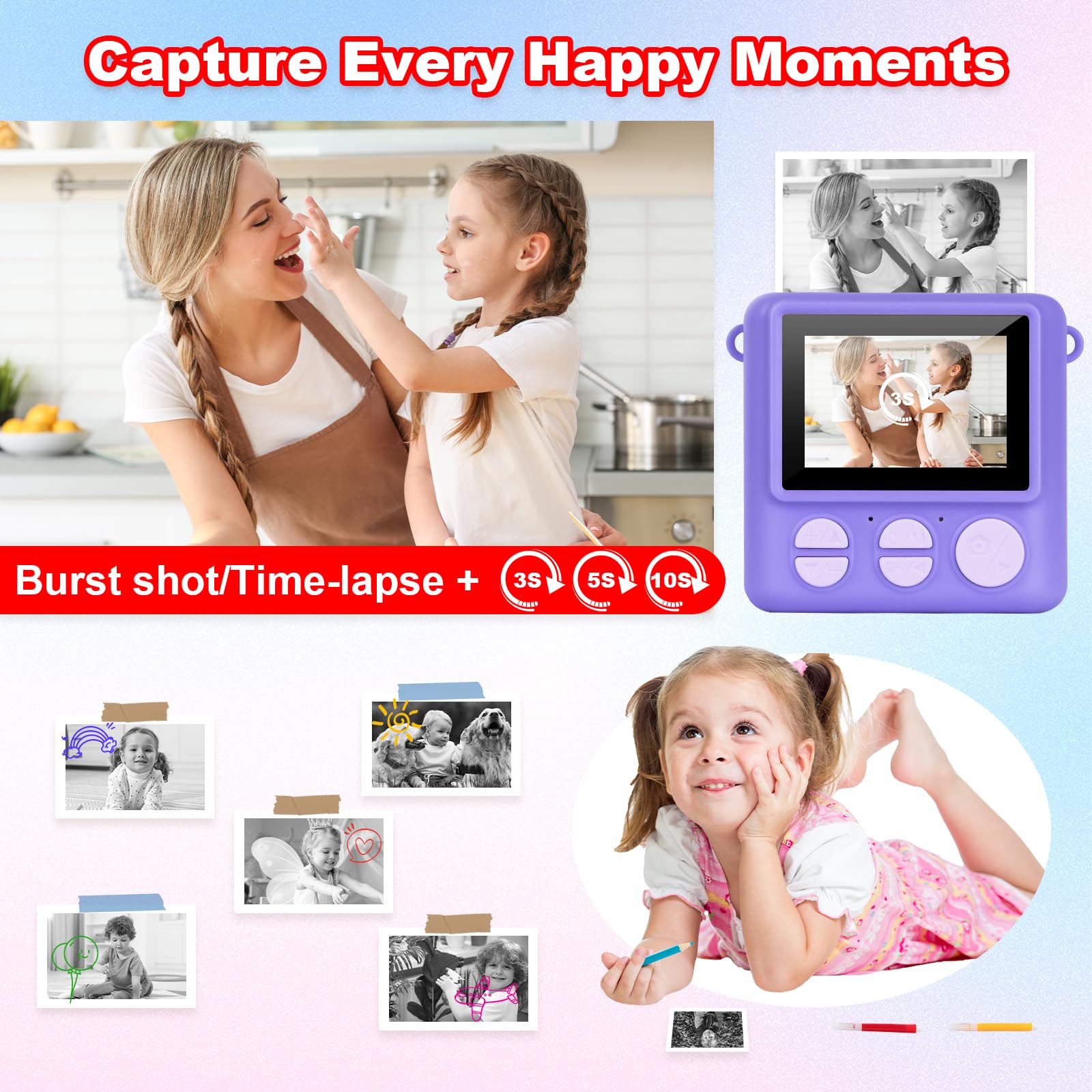 Appareil Photo Instantané Enfant,1080P HD Appareil Photo Numérique pour Enfants avec Carte SD 32 Go et Papier Photo Imprimé, Cadeau pour Filles Garçons 3-14 Ans (Violet)