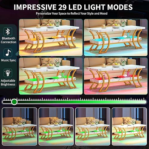 Miniatura 22 de YITAHOME Mesa de centro redonda de mármol blanco con vidrio para sala de estar, mesa de centro circular de 2 niveles con almacenamiento, mesa de