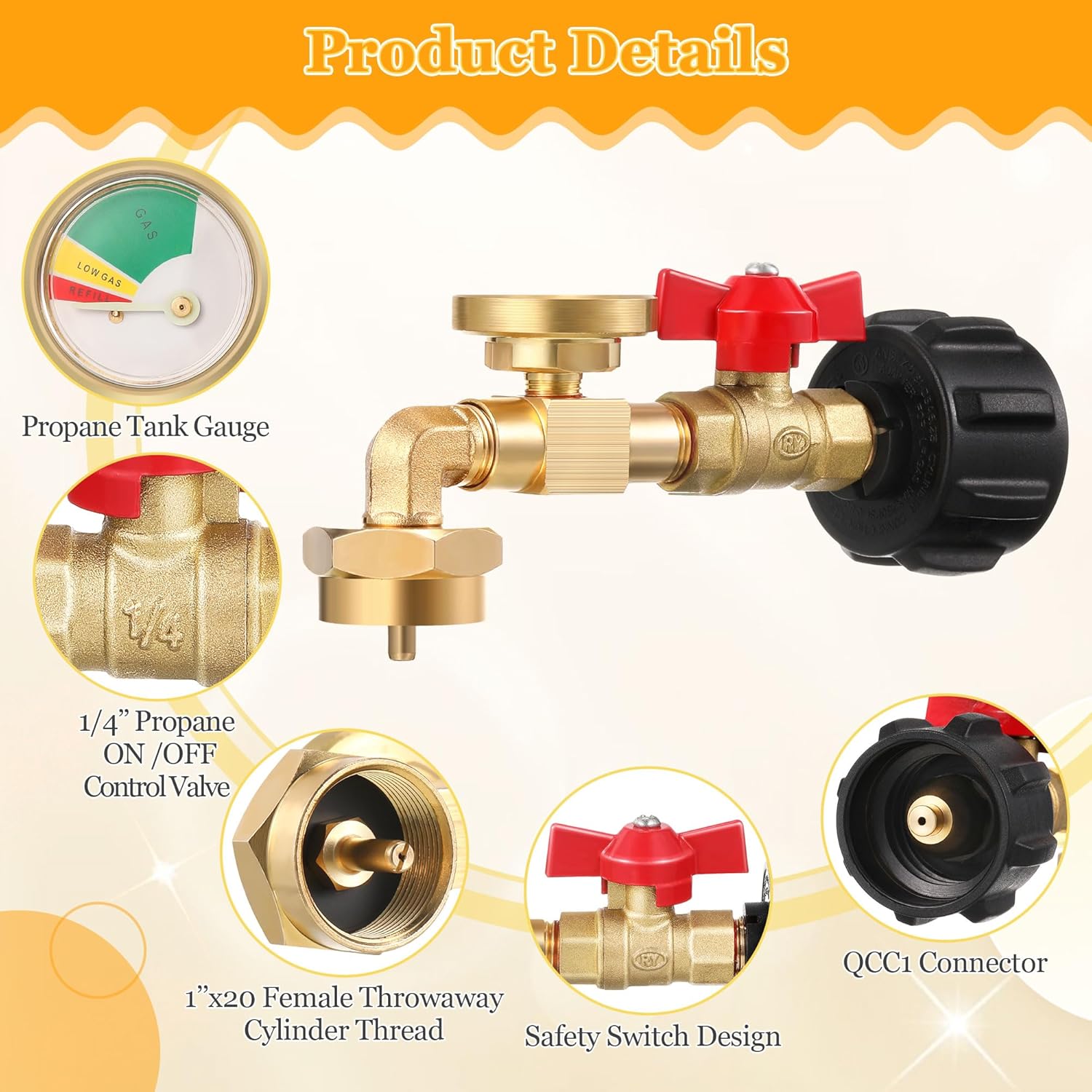 Dreyoo 4 Pack Propane Refill Adapter for 1lb. Tanks, Propane Adapter 20lb to 1lb Converter with Gauge and Valve, Fits QCC1/Type 1 Tank, Solid Brass, 90 Degrees Elbow Design, Convenient & Safe