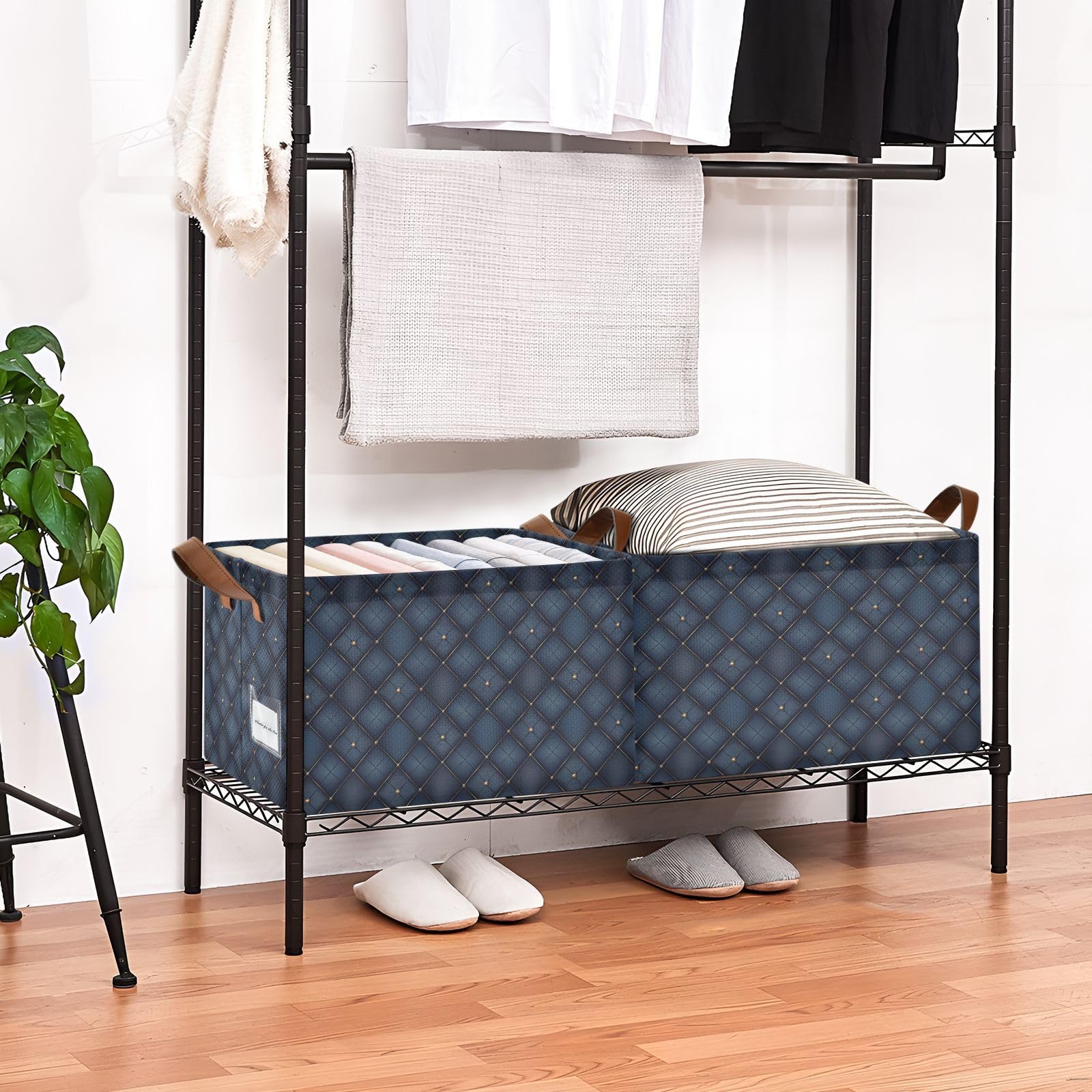 KLL Canastas de almacenamiento de rejilla azul medianoche para estantes con asas, cubos de almacenamiento para organizar ropa, jeans, libros, paquete de 2 cajas organizadoras para armario