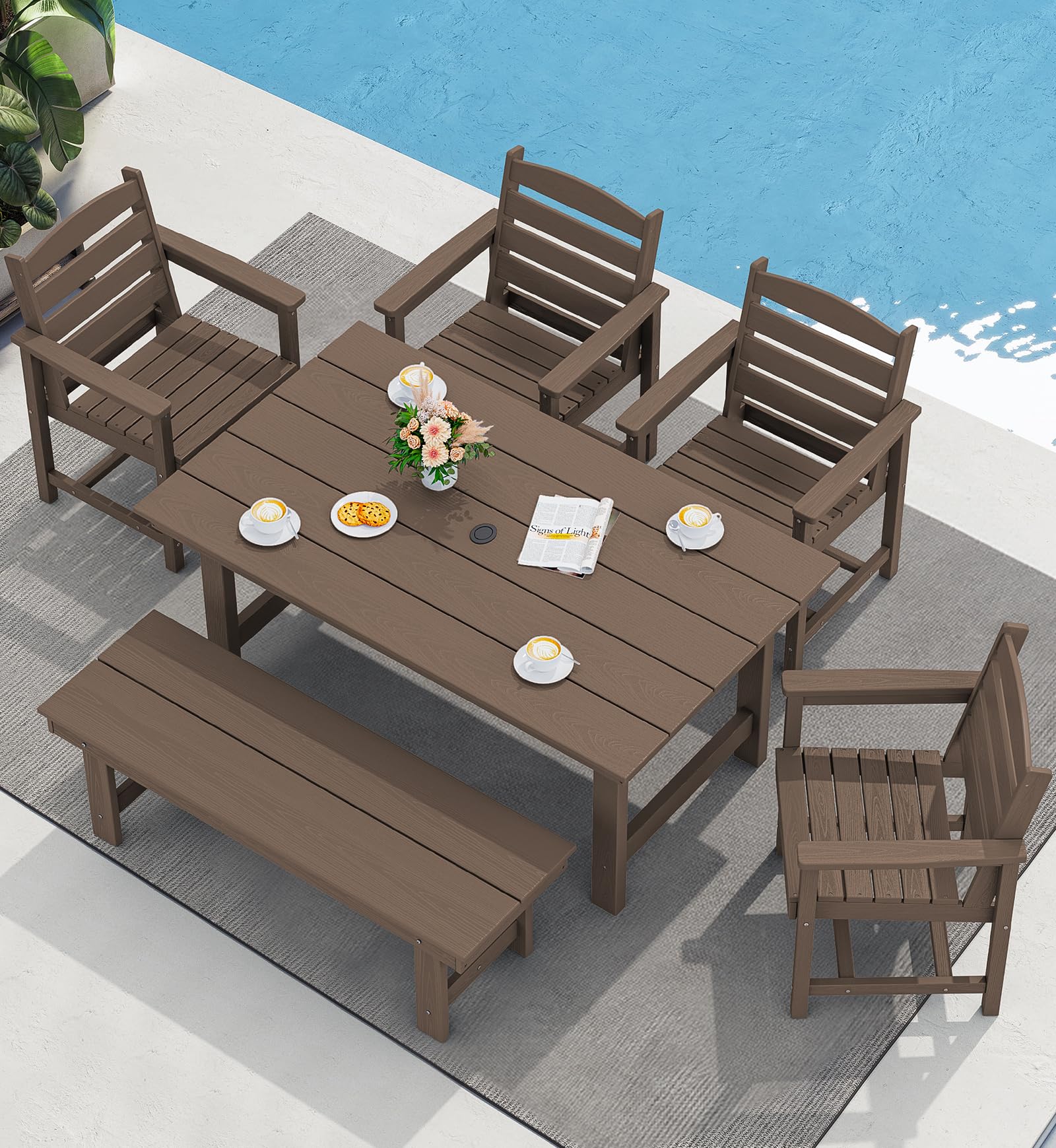 SERWALL 6 Pcs HDPE Dining Set, Includes 1 Table, 1 Bench &amp; 4 Chairs, Coffee | Outdoor Dining Set with Bench, All-Weather Resistant SERWALL Dining Set for patio