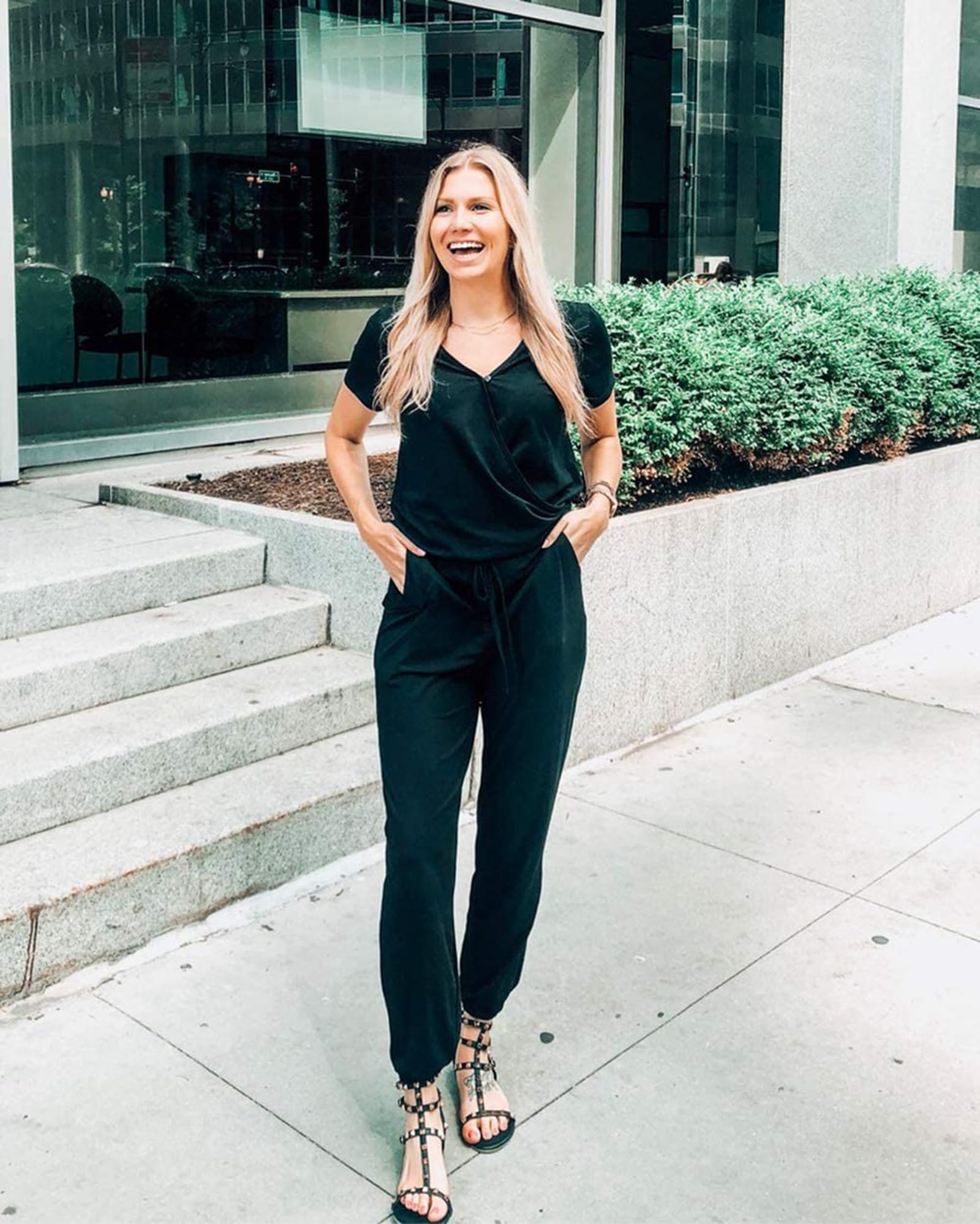 Sommer Jumpsuit Damen Elegant Playsuit Casual Overall Kurzärmel Romper Verstellbarer Bund einfarbiger mit Taschen