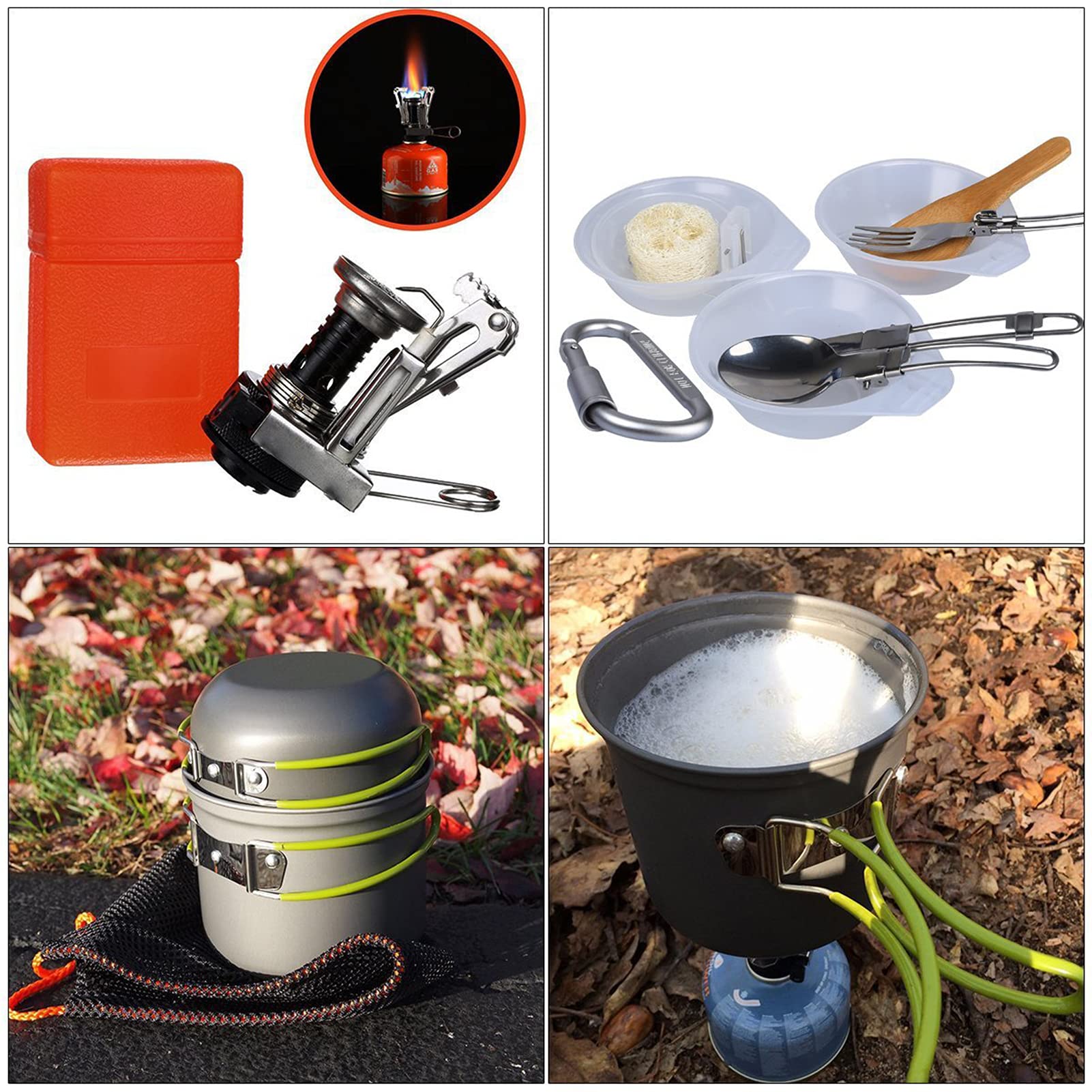 Camping Kochgeschirr Pan Kessel Wandern im Freien Kochen Picknick Schüssel Besteck Löffel Ofen Set 1-2 Personen Tragbarer Nichtstocktopf mit Mesh Kit Tasche A1-One Size