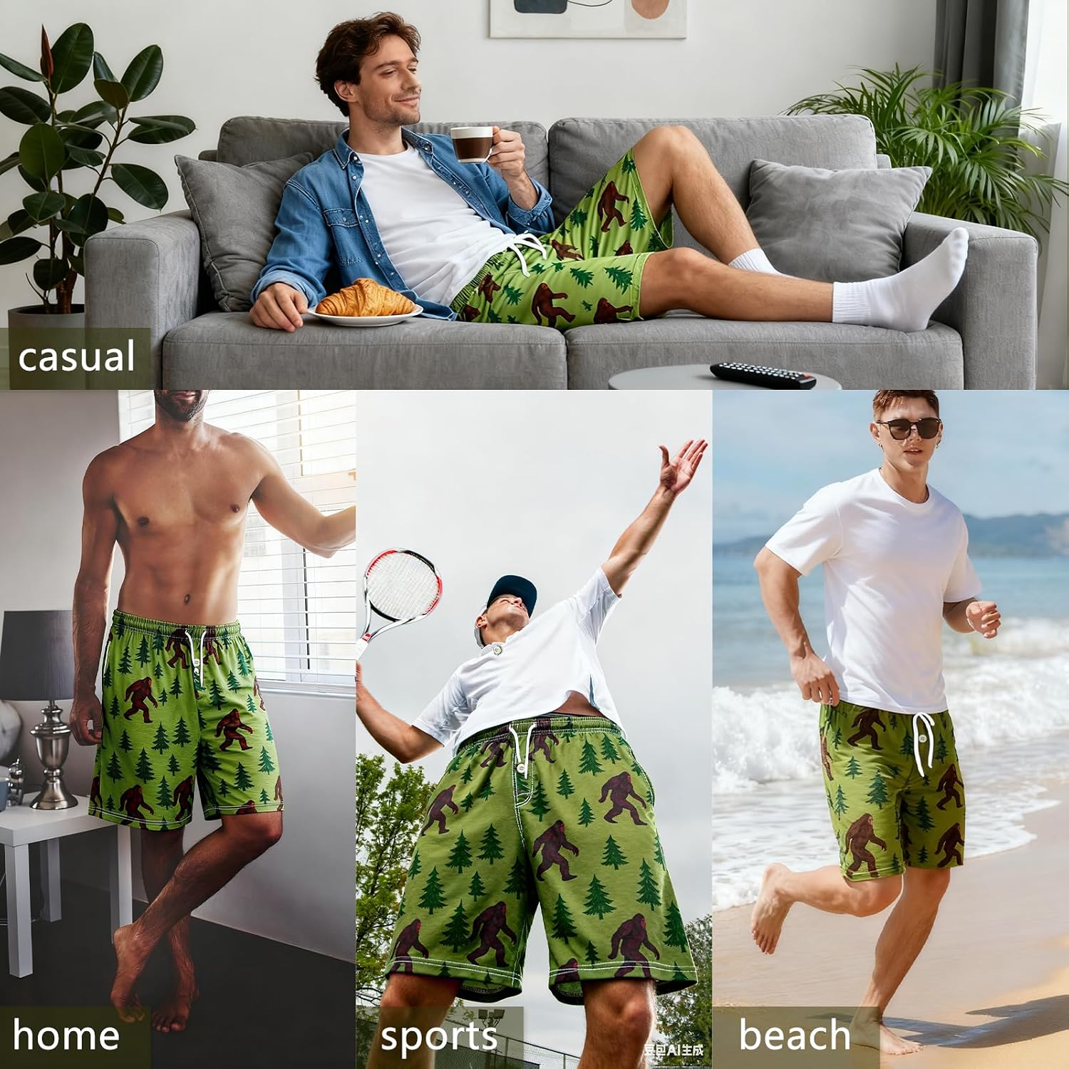 Hosrnovo Bigfoot Gifts, Jersey Christmas Pajama Pants for Men Sleep Shorts with Elastic Waistband and Pockets