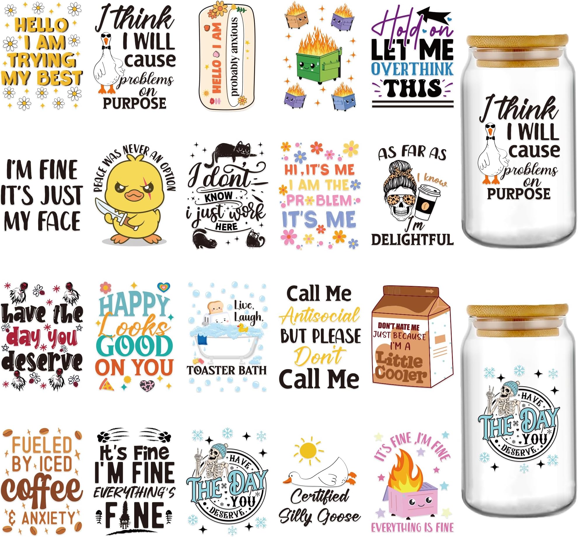 AFRITEE UV DTF Cup Wrap - 20 Sheets Funny Sarcasm UV DTF Cup Wrap for 16 oz Glass Coffee Cups, Humorous Quotes Uvdtf Transfer Stickers, Its Fine I'm Fine Everything is Fine for Funny Office Gifts