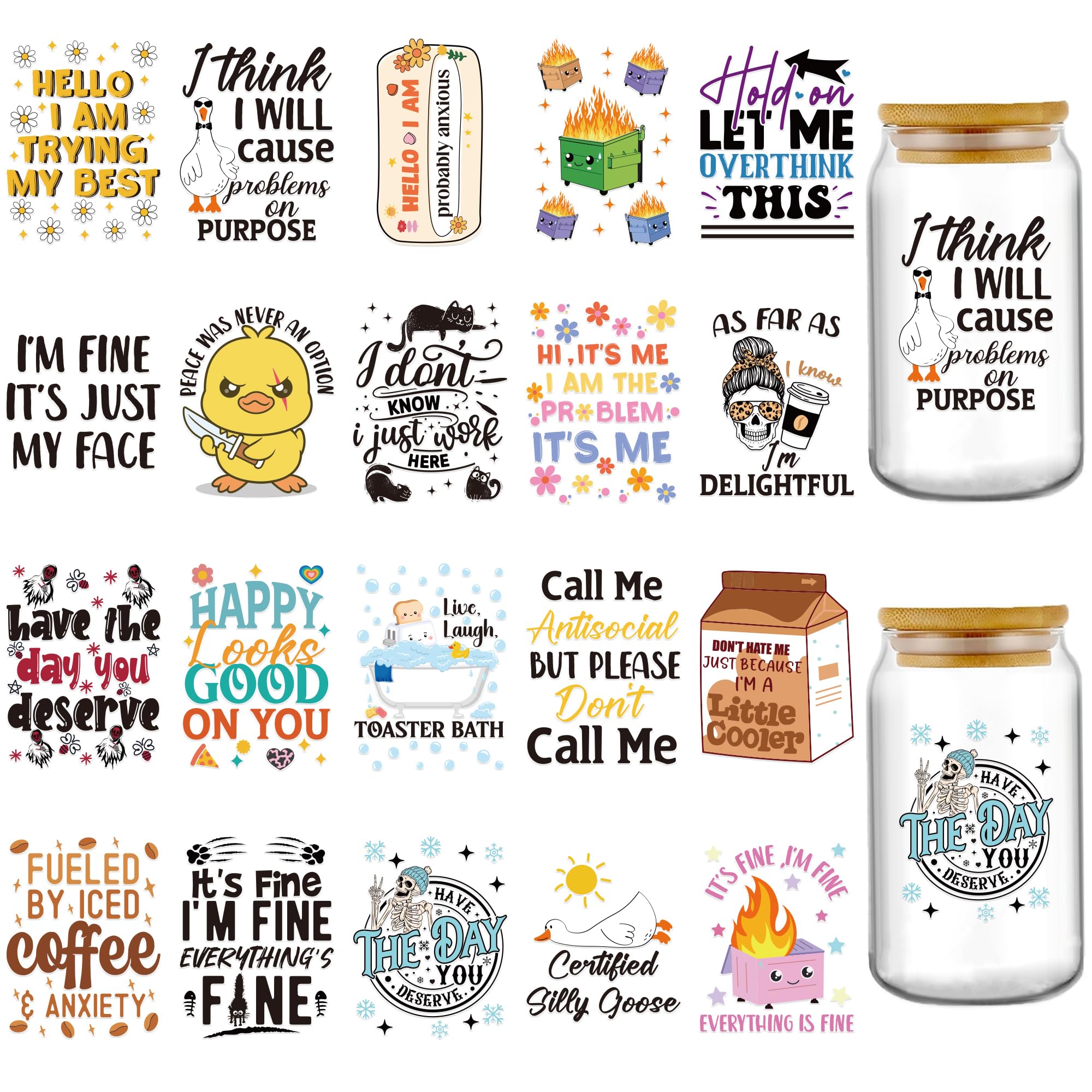 AFRITEEUV DTF Cup Wrap - 20 Sheets Funny Sarcasm UV DTF Cup Wrap for 16 oz Glass Coffee Cups, Humorous Quotes Uvdtf Transfer Stickers, Its Fine I'm Fine Everything is Fine for Funny Office Gifts