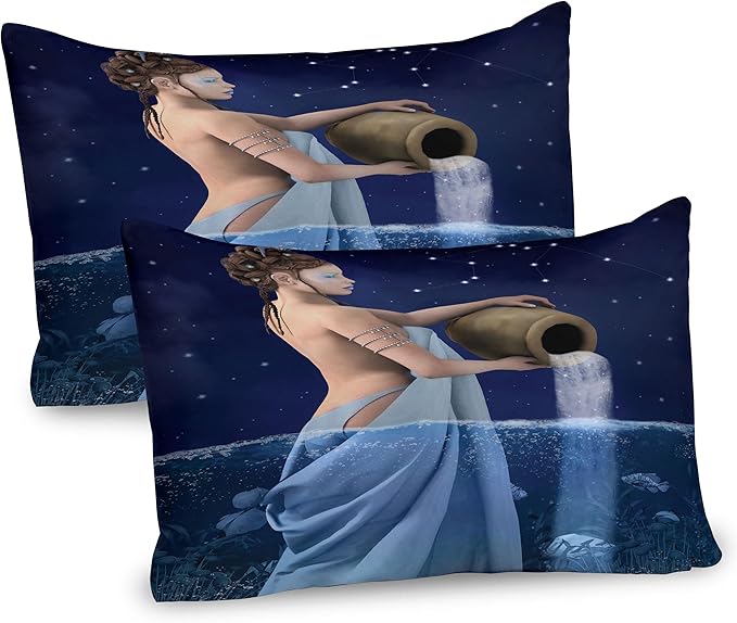Ambesonne Astrology Pillow Sham Set of 2, Aquarius Lady with Pail in The Sea Water Signs Saturn Mystry at Night Stars, Quality Microfiber Bedding Item for All Seasons, 26