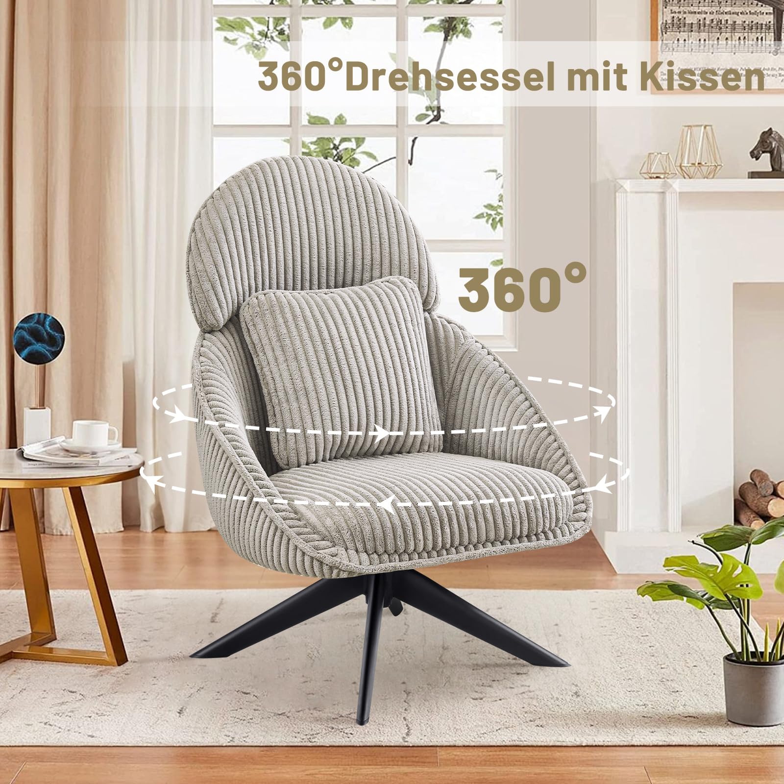 Loungesessel Sessel Wohnzimmer 360°Drehbar, Ohrensessel Armlehnstuhl Polsterstuhl mit dickem Abnehmbares Wurfkissen, Relaxsessel Lesesessel für Wohnzimmer Schlafzimmer Büro