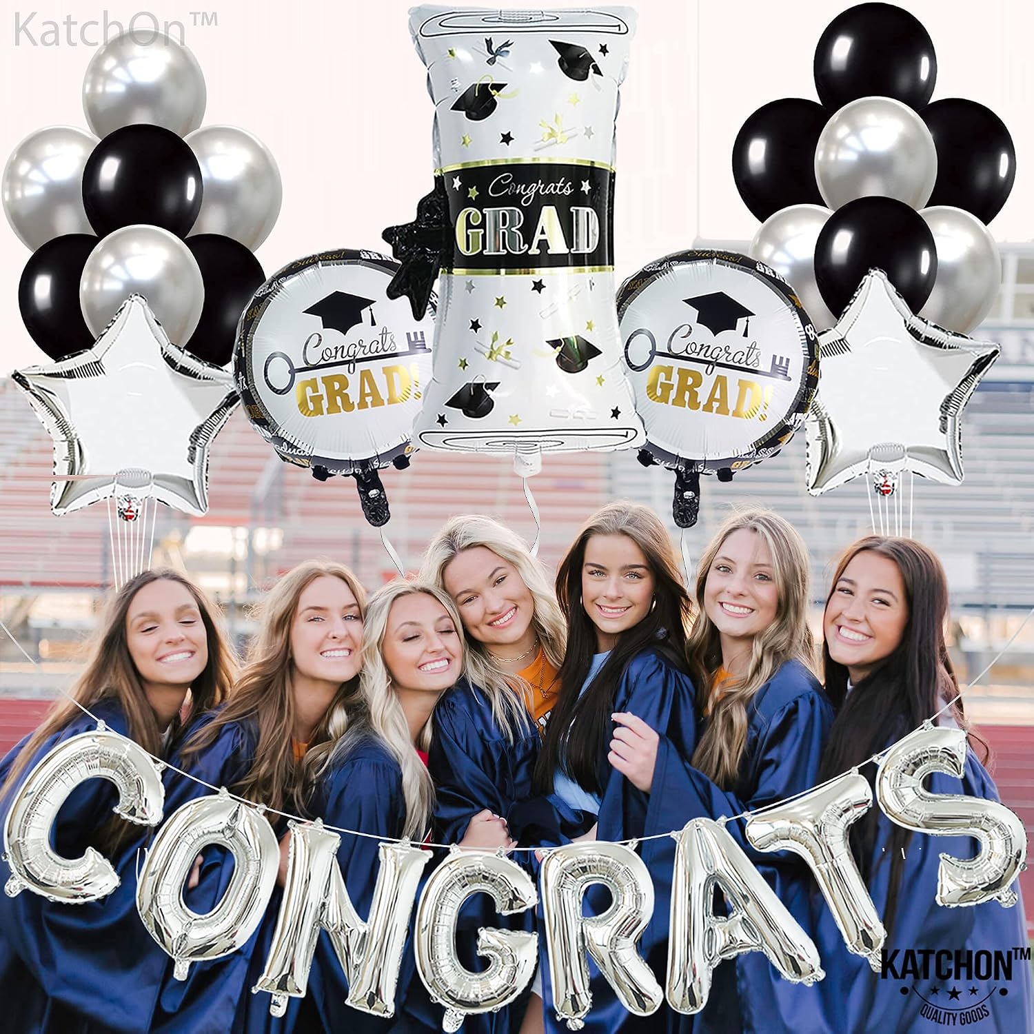 KatchOn, Silver Congrats Balloons Set - Big 28 Inch, Pack of 27 | Black and Silver Graduation Decorations 2026 | Congratulations Balloons, Graduation Decorations Class of 2026
