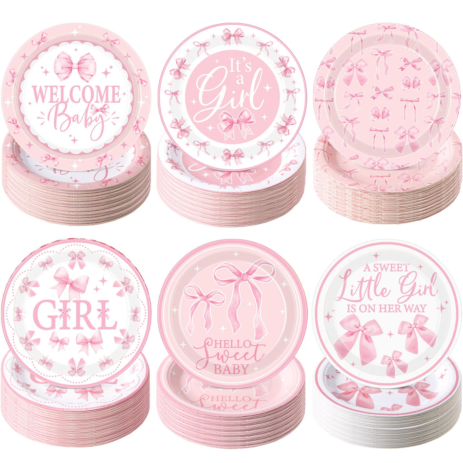Funnymoom 60 Pcs 7 Inch Pink Bow Baby Shower Paper Plates a Sweet Little Girl Is on Her Way Party Decoration, Coquette Pink Bow Welcome Baby Disposable Plates for Dessert Birthday Party Supplies