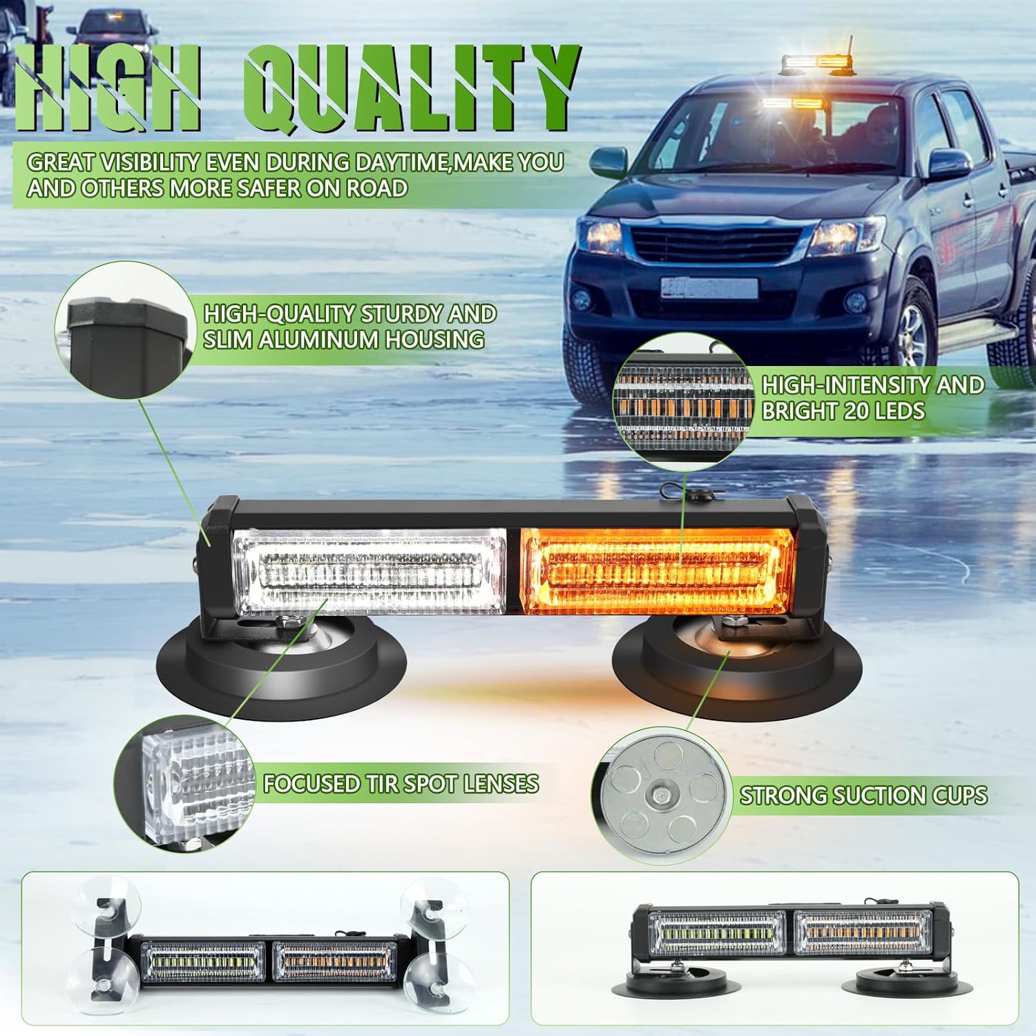 20LED Mini LED Emergency Strobe Lights Bar, Battery Powered Wireless Rooftop Magnetic Beacon Warning Light, with 12V Rechargeable Plug Safety for Trucks, Vehicles and Snowplow (Amber White)
