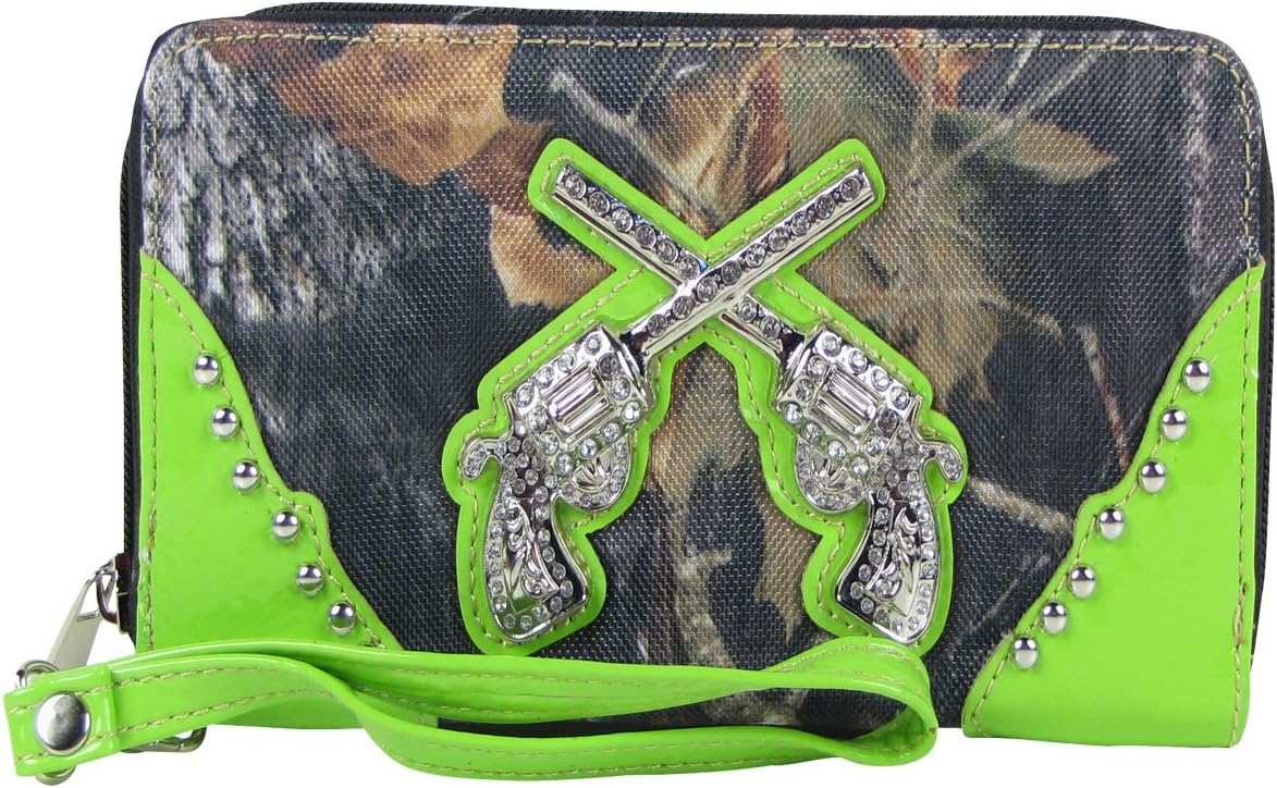 GREEN MOSSY CAMO RHINESTONE PISTOLS LOOK ZIPPER WALLET