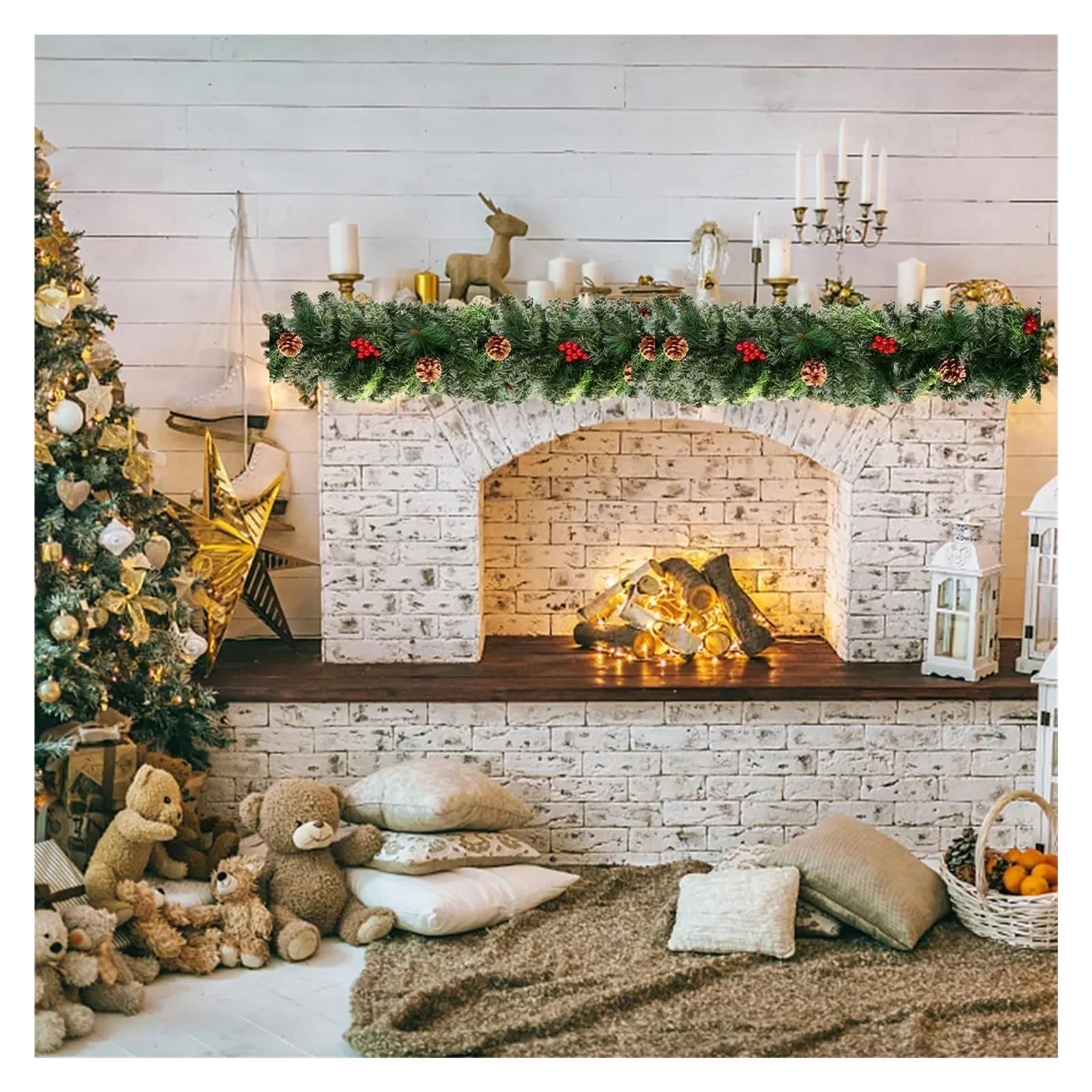 Guirnalda de Navidad Coronas navideñas con piñas y Frutos Rojos, Guirnalda navideña Artificial for chimeneas, escaleras, Puerta Principal, decoración de Año 2.7M No Light