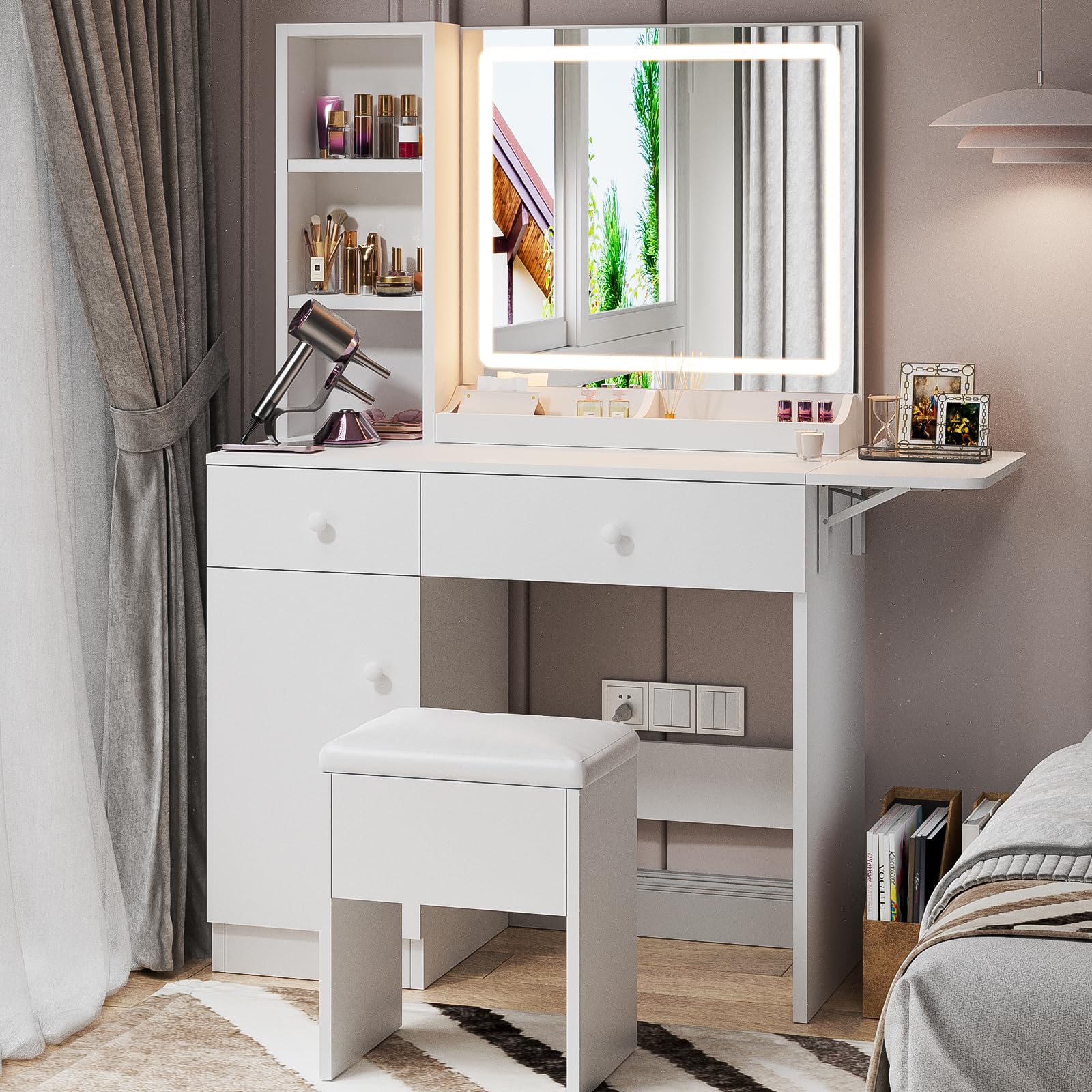 haewon makeup vanity desk with mirror and lights, white vanity table with charging station and 3 lighting modes, dressing table set with storage chair cabinet drawers and shelves for bedroom