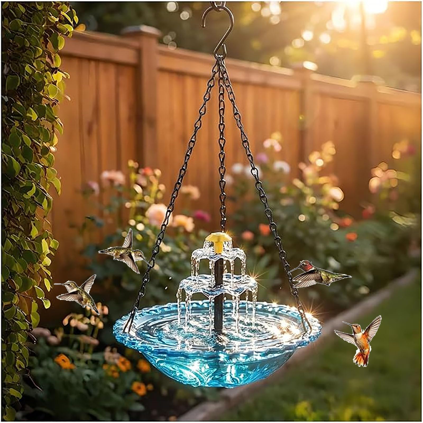 Solar Cascade Hanging Bird Bath Fountain with Glass Bowl, Outdoor Solar Powered Water Feature with Pump for Garden Patio Backyard, Attracts Hummingbirds and Wild Birds Decor (Gray) — view 9