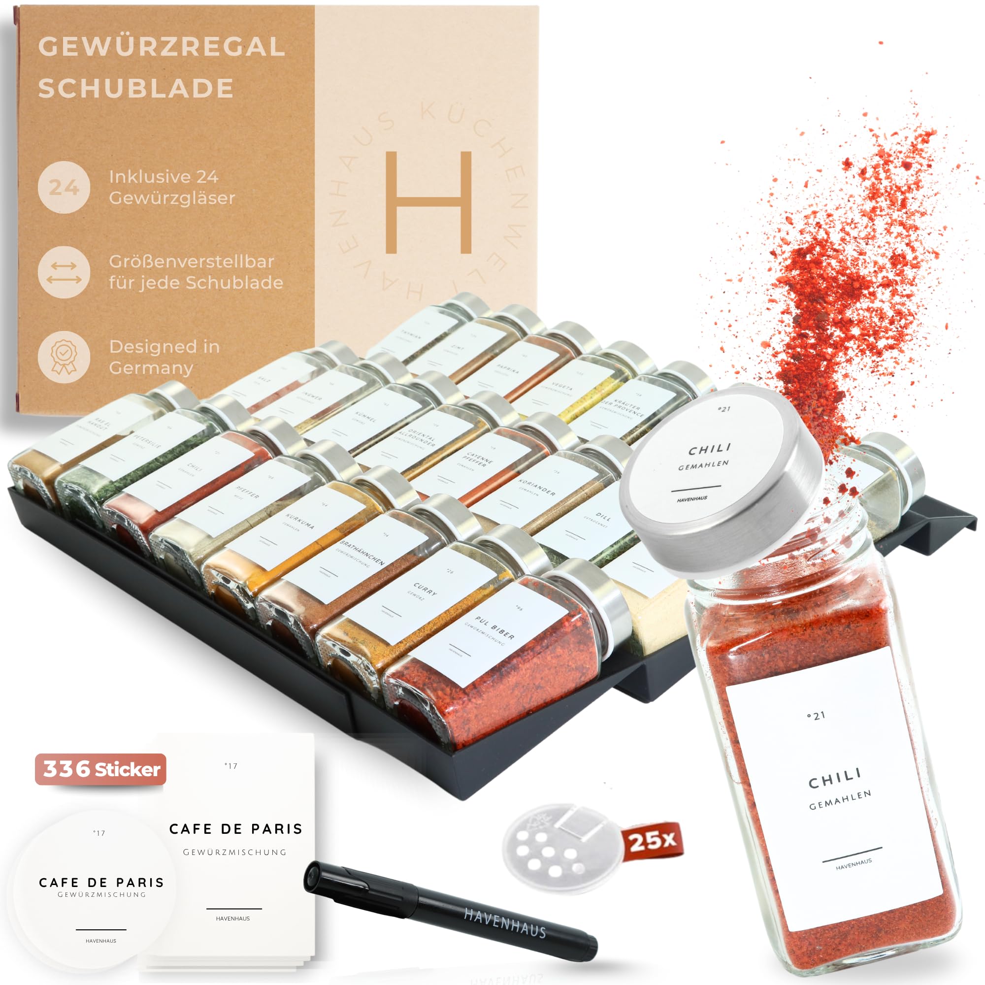 Havenhaus Gewürzgläser Set mit Regal | Gewürzregal Schublade inkl. 24 Gewürzgläser& 336 Gewürzetiketten | Gewürz Organizer Schublade verstellbar& passend für alle Schubladen | Gewürzeinsatz Schublade