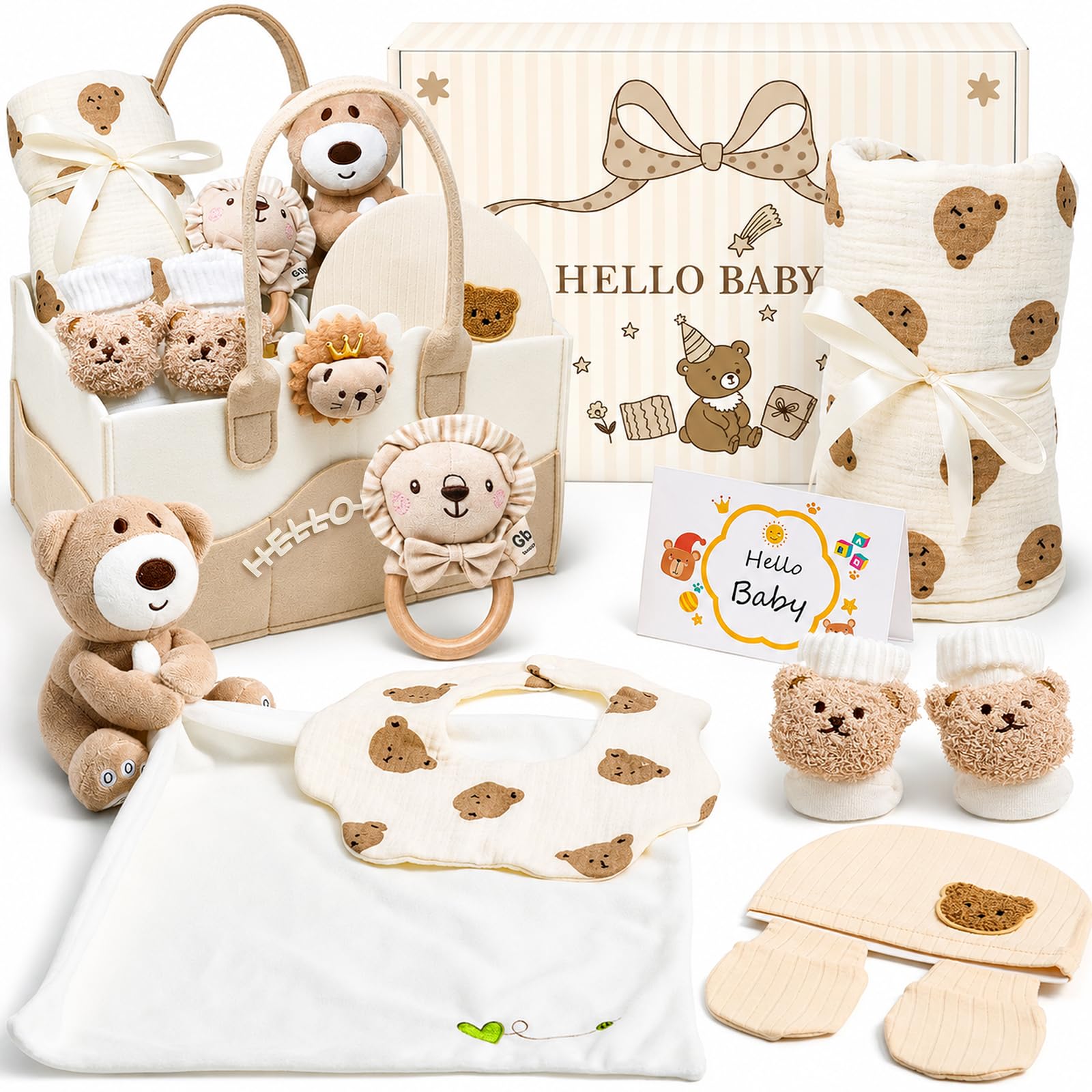 Regalo Bebe Recien Nacido Niño Niña con 30x20x17cm Organizador Pañales | Manta de Apego con Osito, Gorro, Manta Traqueteo Babero Calcetines Antideslizantes, Regalo Bebe Cesta Recien Nacido Niño Niña