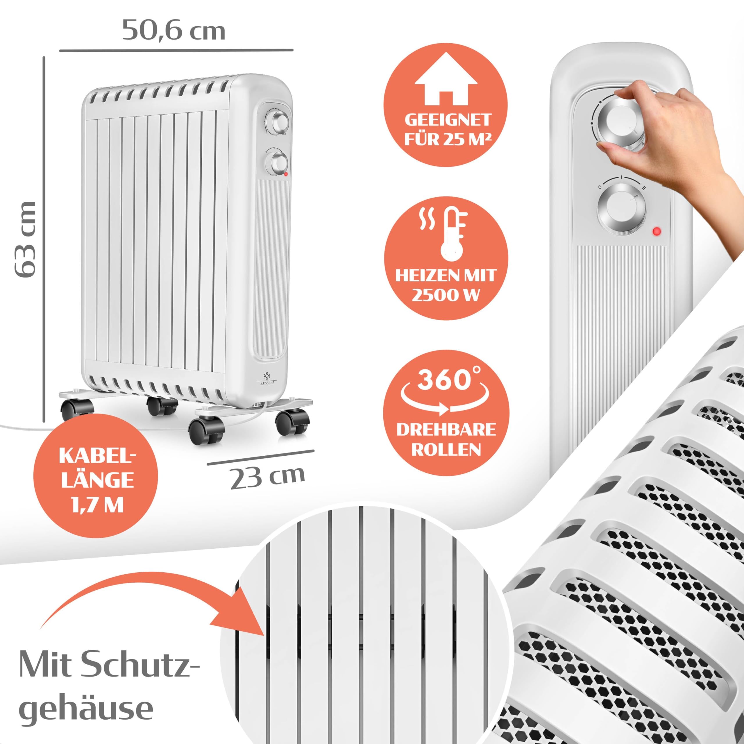 KESSER® Radiateur à huile économe en énergie - 2500 W - Thermostat - Chauffage soufflant rapide - Chauffage électrique rempli d'huile + 3 niveaux de chauffage - Boîtier de protection - Roulettes à 360