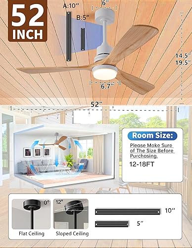 Miniatura 8 de Ceversa Ventilador de techo de madera maciza de 52 pulgadas con luz y control remoto, ventilador de techo moderno de madera natural de 3 aspas,